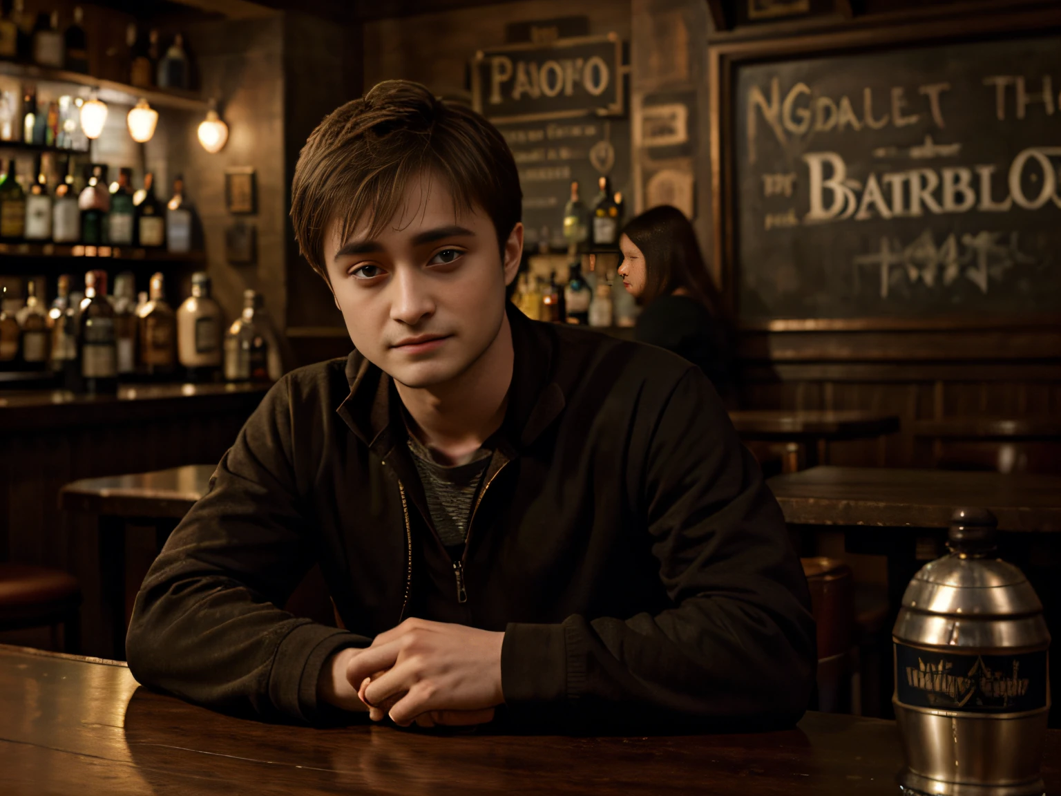 Daniel Radcliffe, In ordinary clothes, I&#39;m sitting in a bar and looking at the camera, does not look at the viewer, art realistic high quality, Hogwarts style, Charismatic character