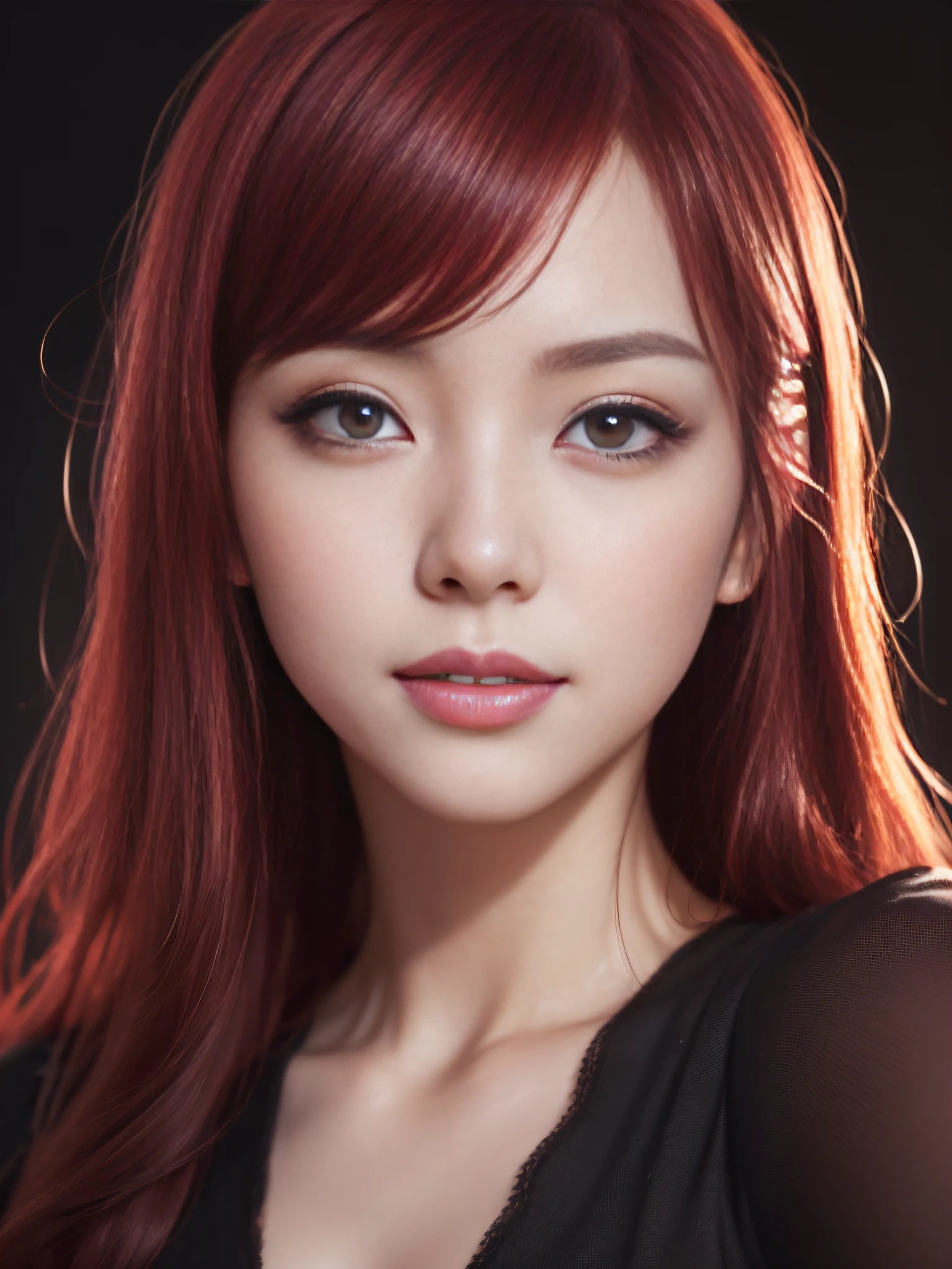 absurdres, 1girl, star eye, blush, (realistic:1.5), (masterpiece, Extremely detailed CG unity 8k wallpaper, best quality, highres:1.2), (ultra_detailed, UHD:1.2), (pixiv:1.erfect illumination, distinct, (bishoujo:1.2), looking at viewer, unreal engine, sidelighting, perfect face, detailed face, beautiful eyes, pretty face, (bright skin:1.3), idol, (abs), ulzzang-6500-v1.1, soft smile, upper body, (dark red hair), ( background), ((dark background)), (depth of field), close-up, selfie