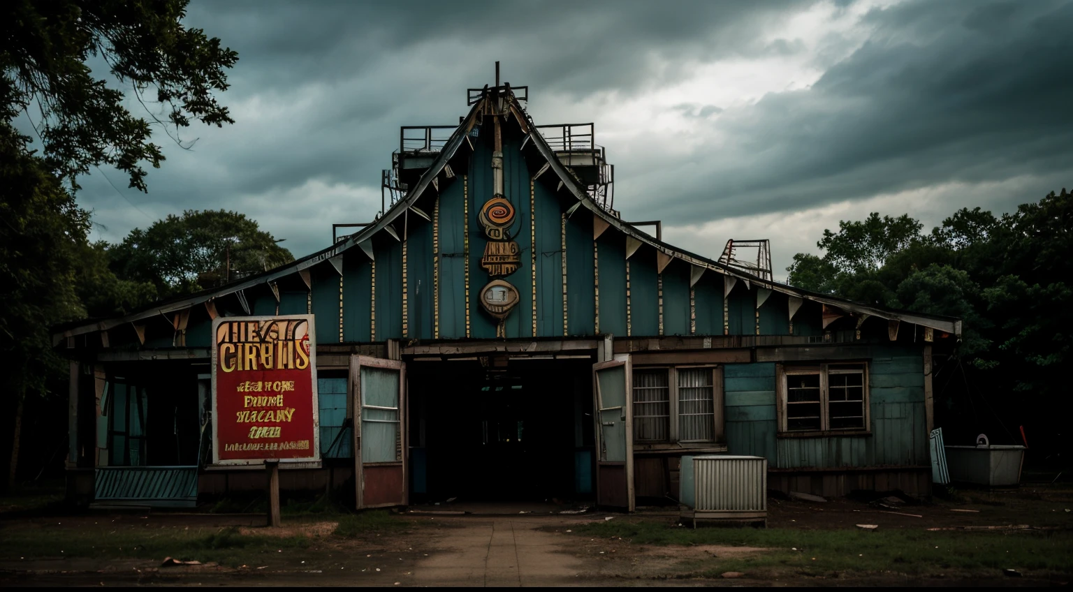 circus funhouse, funhouse sign with broken lights, abandoned, nighttime, dark, cloudy sky, creepy, muted color, trash, decay, forest background