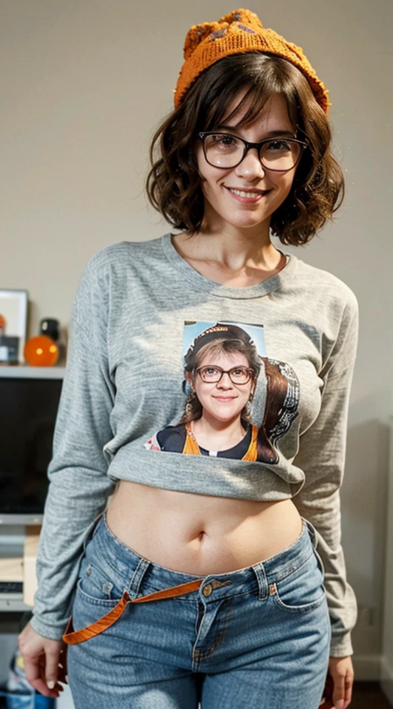 arafed woman with glasses and a knitted orange hat, rebecca sugar, taken in the early 2020s, valentina remenar, with a weird hat, elizabeth saltzman-valentina remenar-nora ephron-stephanie beatriz-carrie fisher-sally hawkins merged, entire body visible, very nerdy, geek, tomboy, rough looking face, very ugly face, homely, poor posture, saggy breasts, pale skin, disheveled brown curly hair, nerdy smile, smiles like napoleon dynamite, small beady eyes, thick nerdy glasses, wearing high waisted jeans and a colorful vertical striped loose fitting tshirt, slightly chubby belly, out of shape, acne on her face