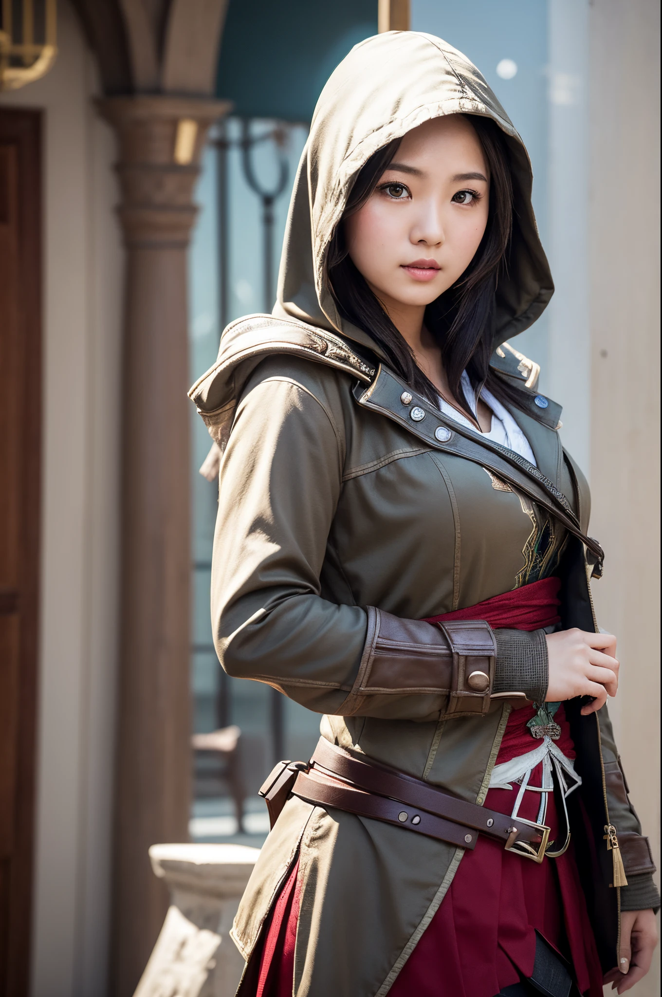 Assassin's creed style，Beautiful chubby asian woman,fully body photo, Photos taken with Canon EOS R5 DSLR camera, 电影灯光, ultra real photo, Complicated details, Her face  delicate