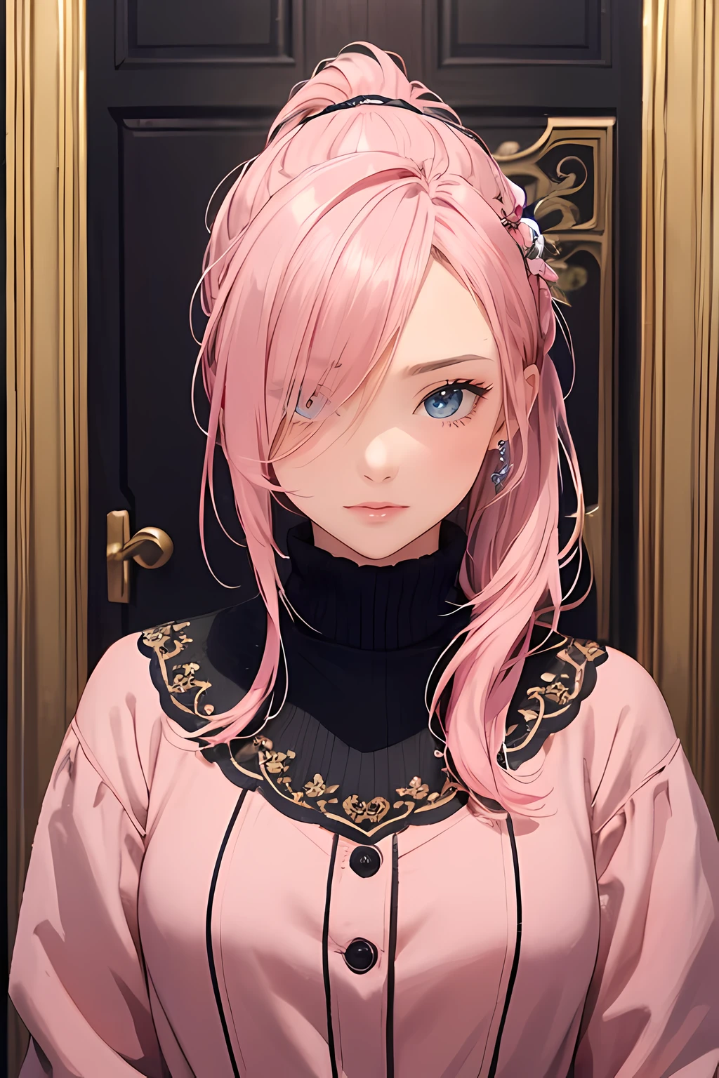 (masterpiece), (best quality), 1female standing, (long_ponytail pink color hair), (hair over one eye:1.21), door with hanging wreath ornament on the background, wearing winter outfit, detailed beautiful eyes, detailed gorgeous face, perfect anatomy, perfect shading, dramatic lighting, highly detailed, intricate details, wallpaper, PIXIV, krenzcushart,