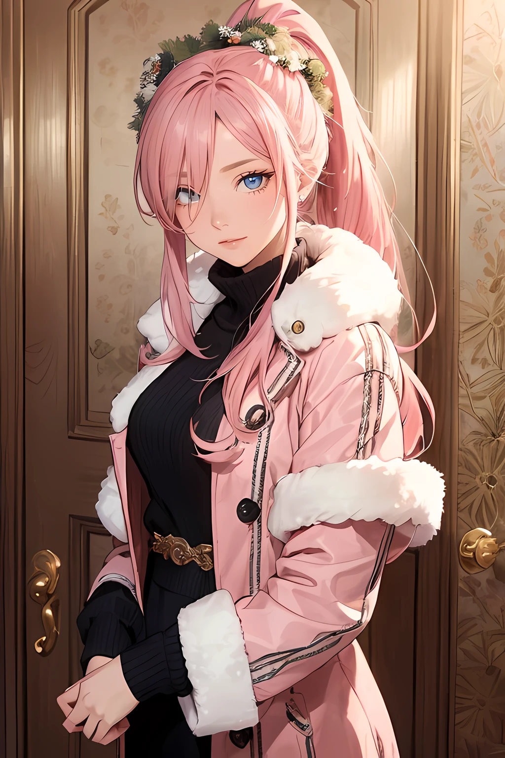 (masterpiece), (best quality), 1female standing, (long_ponytail pink color hair), (hair over one eye:1.21), door with hanging wreath ornament on the background, wearing winter outfit, detailed beautiful eyes, detailed gorgeous face, perfect anatomy, perfect shading, dramatic lighting, highly detailed, intricate details, wallpaper, PIXIV, krenzcushart,