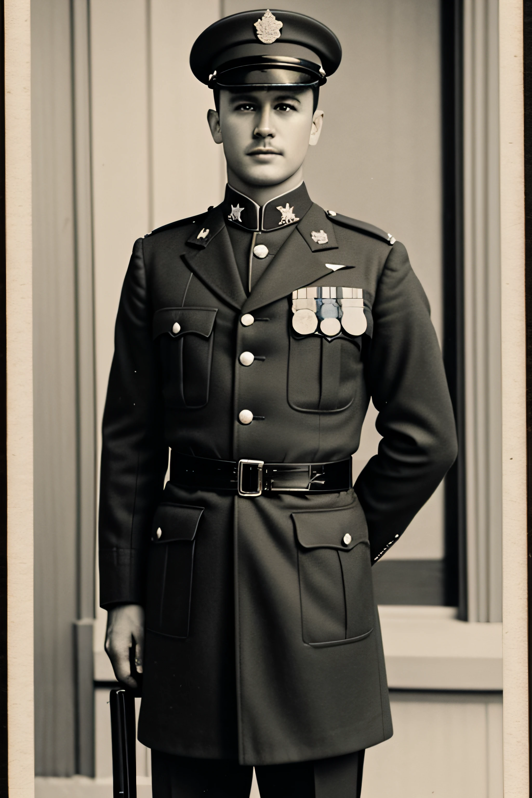 arafed image of a man in a uniform standing in front of a building, taken on a ww 1 camera, stylised military clothes, soldier clothing, ww1 photo, close portrait, full uniform, detailed photograph, middle shot waist up, officers uniform, in a soldier uniform, waist - shot, waist up portrait, wearing a military uniform
