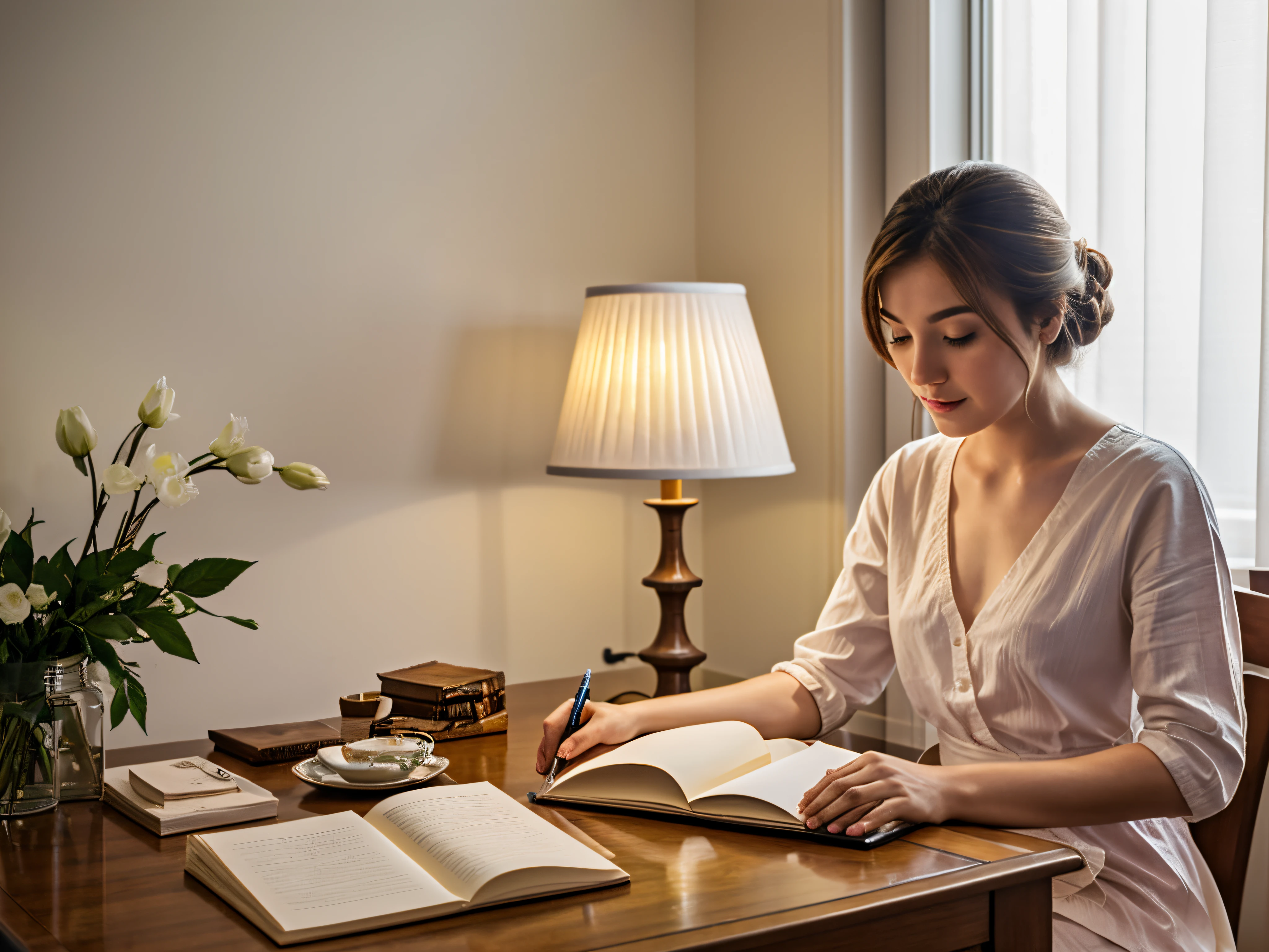 In a serene room, a gentle glow emanates from a dim yellow lamp. A man is seated at a table, engrossed in his creative endeavor, surrounded by scattered papers and notebooks. On the other side, a woman stands with anticipation, holding an autograph book. She gazes at him, seemingly admiring his work from a distance. The entire scene is wrapped in the tranquility of this fleeting moment, as if time has come to a standstill. Through the gaps in the curtains, bright moonlight streams into the room, outlining this frozen tableau. The colors are vibrant and full, and the high contrast lighting adds a touch of mystery to the scene.