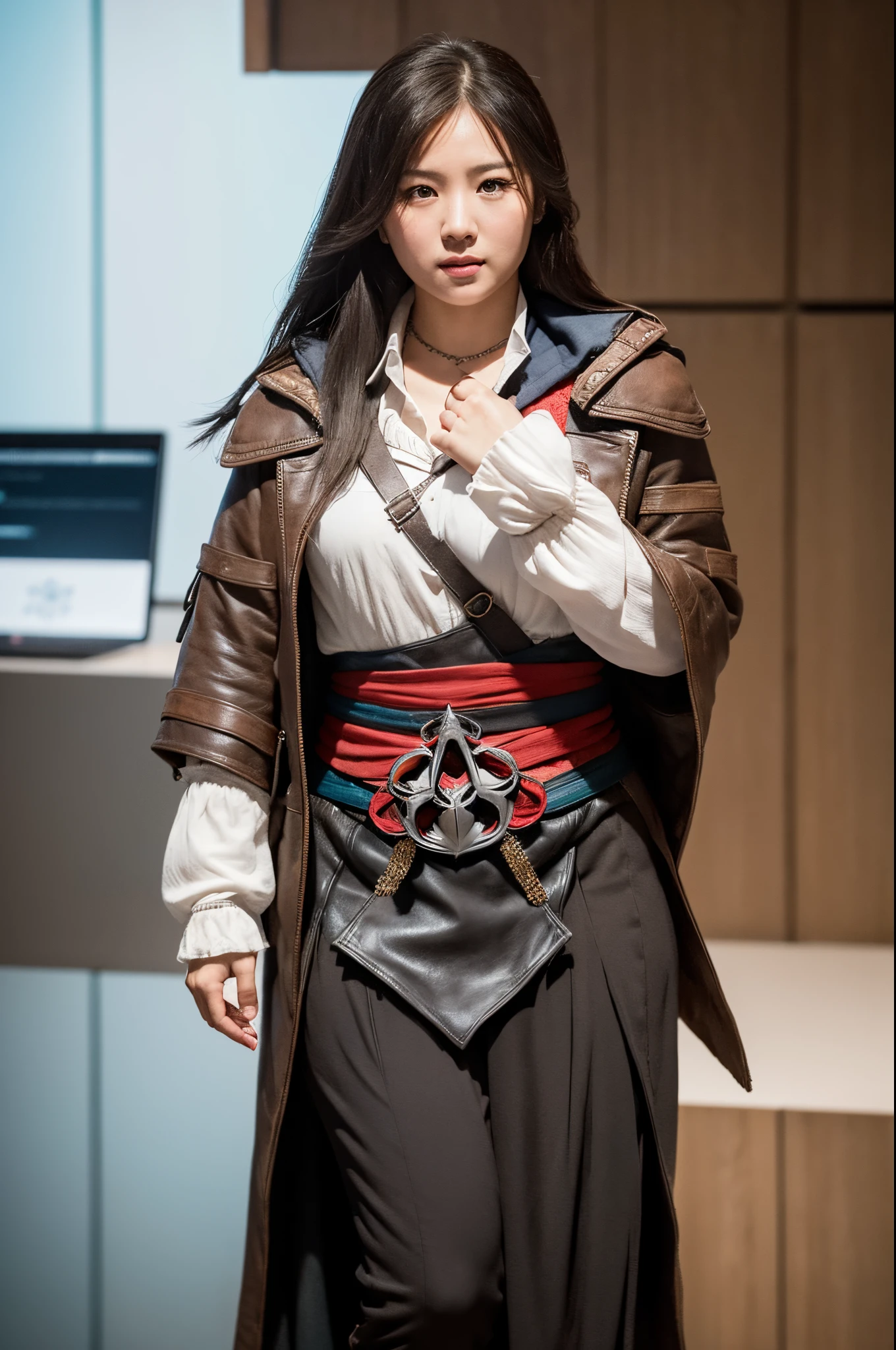 (In the Dark: 1), (highest quality), (Reality: 1), Movie Posters, Realistic skin texture, Very detailed, 8k wallpaper, Volumetric lighting, Dynamic Lighting, With a girl, Long black ponytail hair, Black Robe Small breasts, Red Belt, small amount of armor, Pauldrons, Waist Guard, Handguard, Veil, holding a long sword in front of you,hold a trench knife, (((The wind blows her skirt up, exposing her beautiful pussy))), ancient Chinese style, short sword at waist, attack posture, Bloodstain, Torn clothes, Battlefields of Ancient China, A group of ancient soldiers chasing and killing, Arrows fly, war is flying, night, Dramatic composition, Around the sword, rich background details, war,