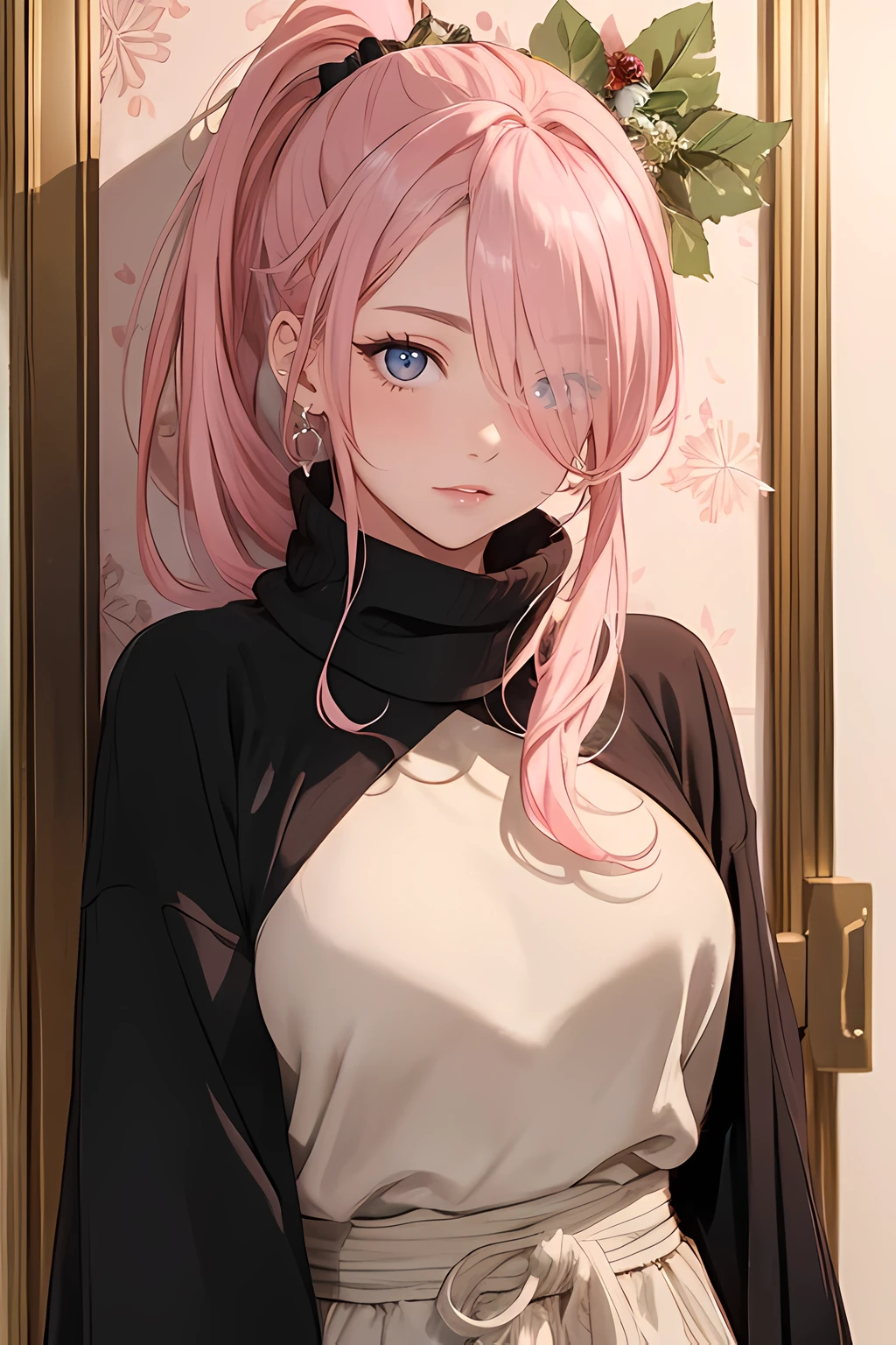 (masterpiece), (best quality), 1female standing, (long_ponytail pink color hair), (hair over one eye:1.21), door with hanging wreath ornament on the background, wearing winter outfit, detailed beautiful eyes, detailed gorgeous face, perfect anatomy, perfect shading, dramatic lighting, highly detailed, intricate details, wallpaper, PIXIV, krenzcushart,