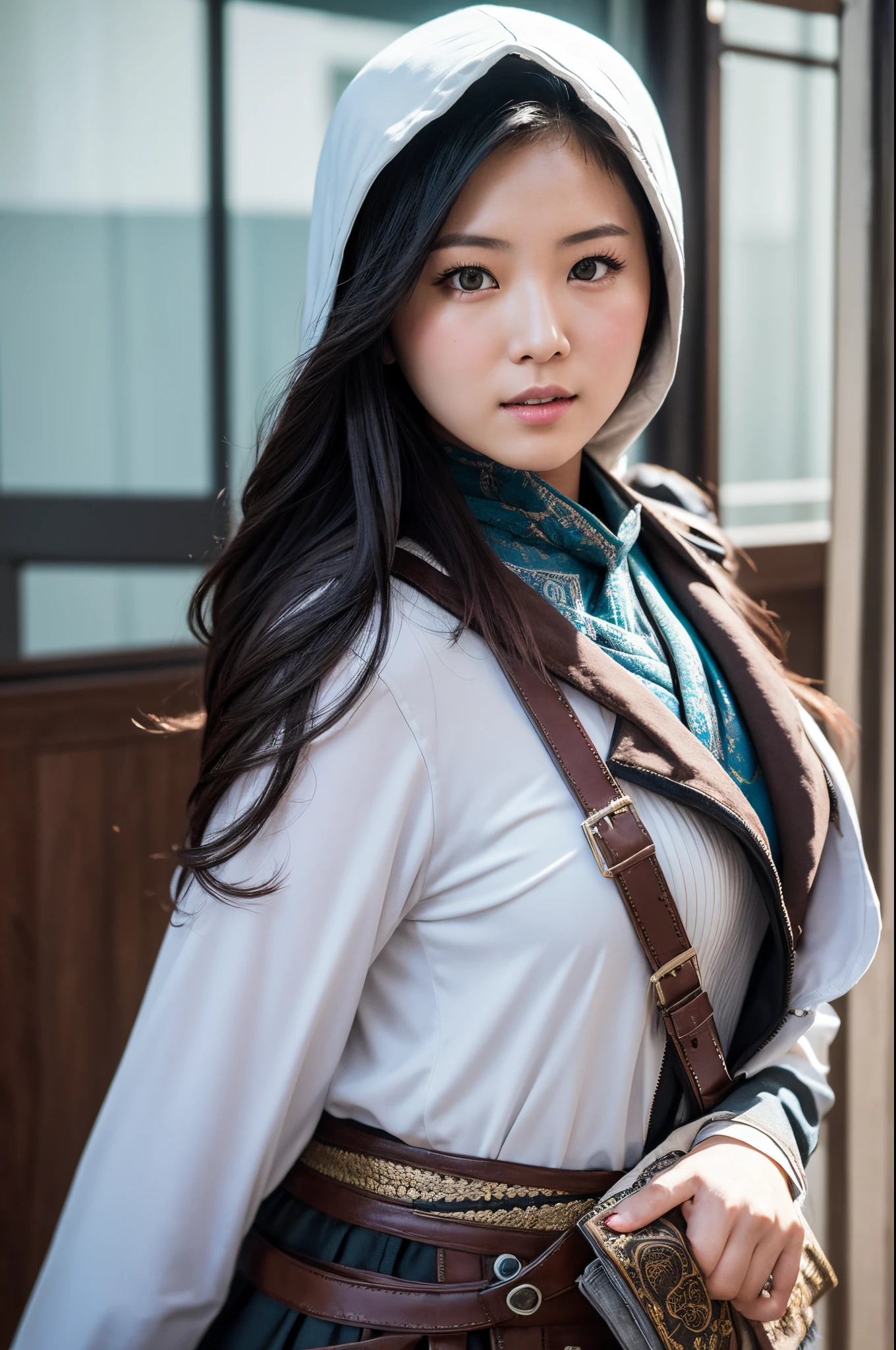 Assassin's creed style，Beautiful chubby asian woman,Full body photo, Photos taken with Canon EOS R5 DSLR camera, 电影灯光, ultra real photo, Complicated details, Her face  delicate