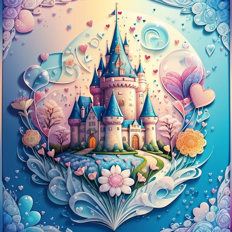 (cute castle with hearts, flowers and bubbles) Munchkin, Geometric multidimensional wall portrait, livro de arte, Tchibi,
Yang08k, Beautiful, Colouring,
Obras, of the highest quality, best quality, Arte Oficial, Beautiful and Aesthetic,