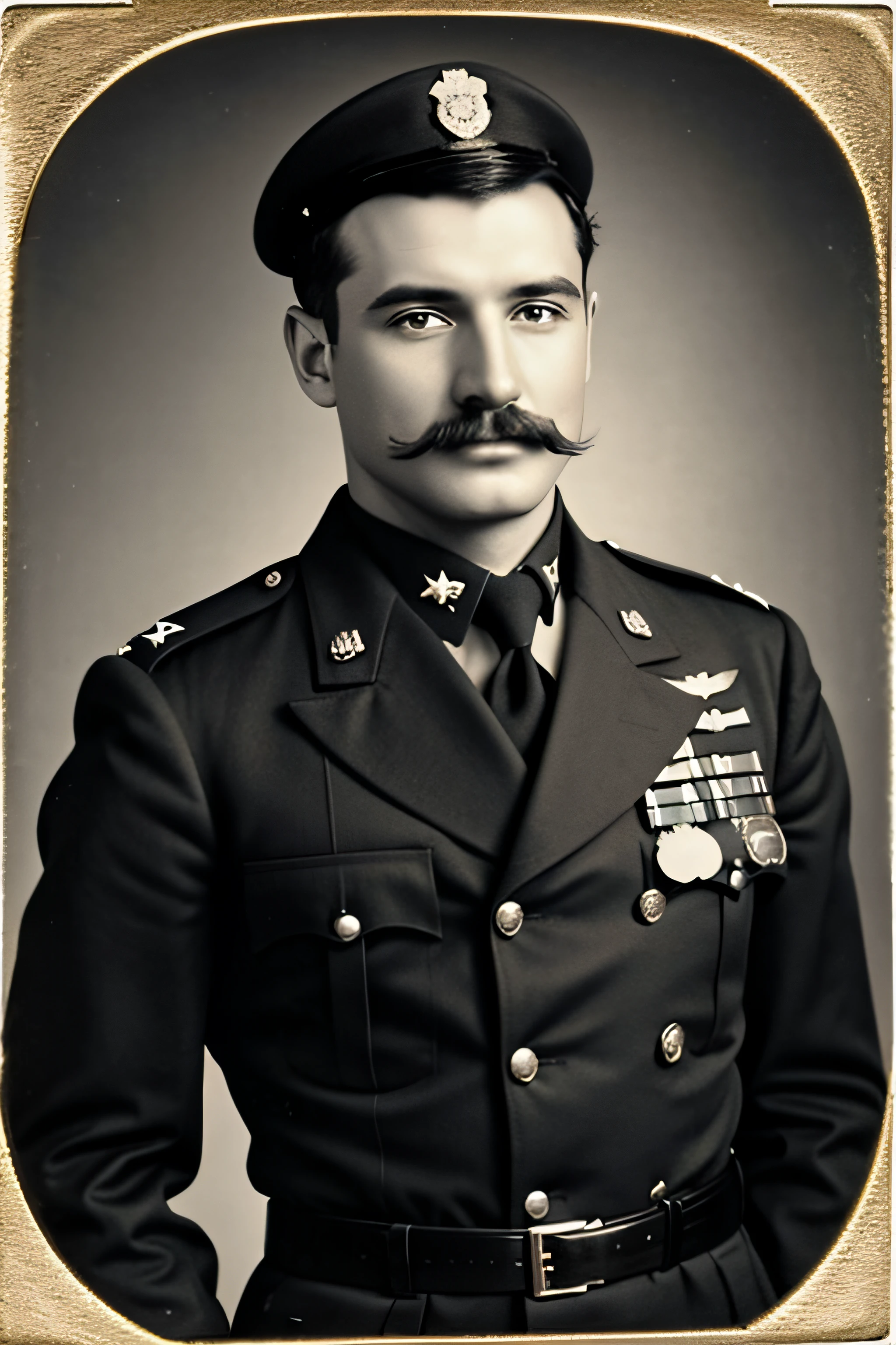 arafed image of a man in uniform with a mustache, in military uniform, in a soldier uniform, john singer sargant, inspired by Henry Tonks, wearing military uniform, officers uniform, wearing a military uniform, general uniform, wearing a general\'s uniform, in full military garb, full uniform, taken on a ww 1 camera, author unknown