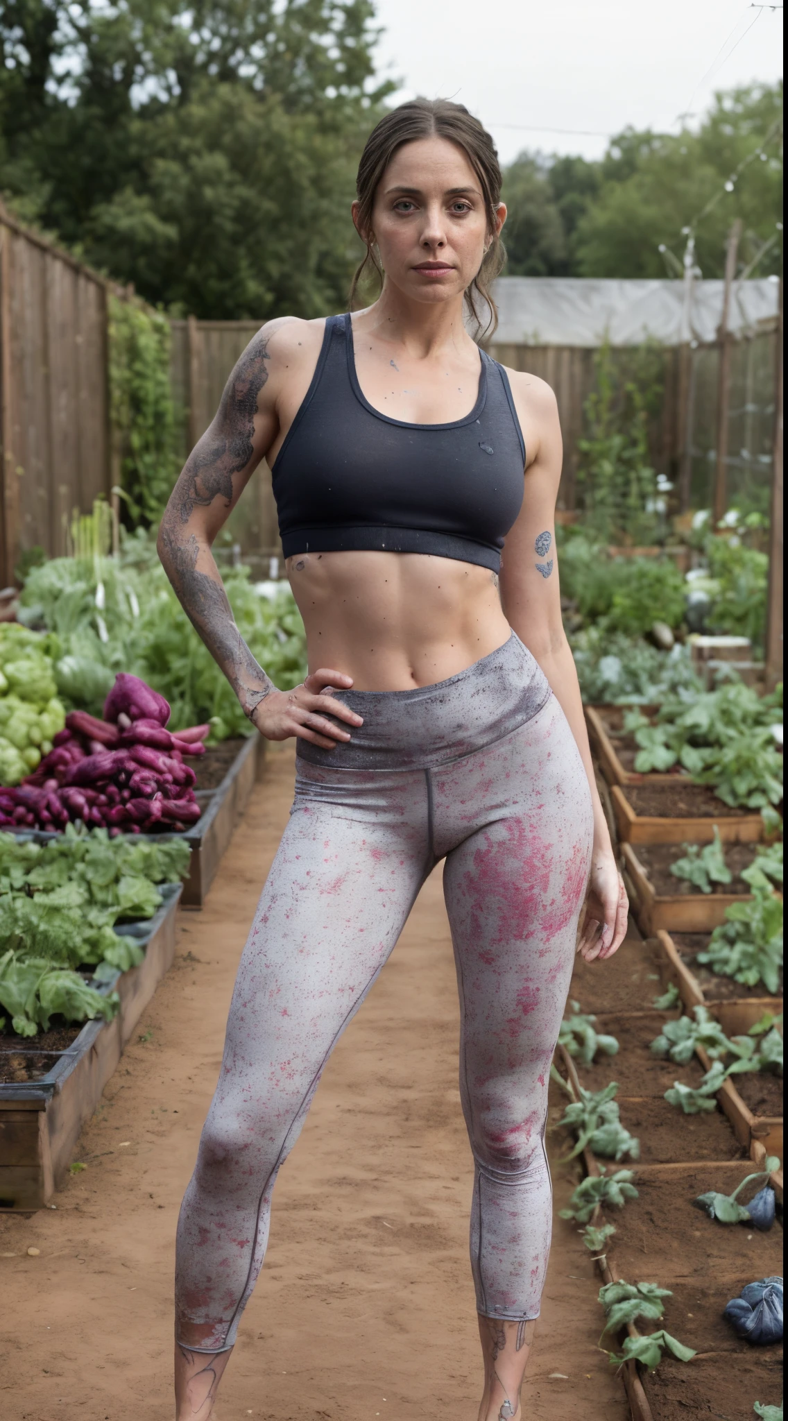 [( random photograph of  hottest celebrity alison brie  )] ( ( full body shot,random shot), (no makeup ) ( tattooed woman) (damaged dirty tank top, penises printed pants )Tall woman, (she  workouts, exhausted woman, (hard, sweaty, shiny skin) the home vegetable garden, light rain background), (different angles, random photo, doing random workouts) lots of vegetables in background) (insanely realistic detailed skin texture, detailed face) [depth of fields] ((perfect body parts, (hyper photorealistic  ), 85mm, 100mm lens ))