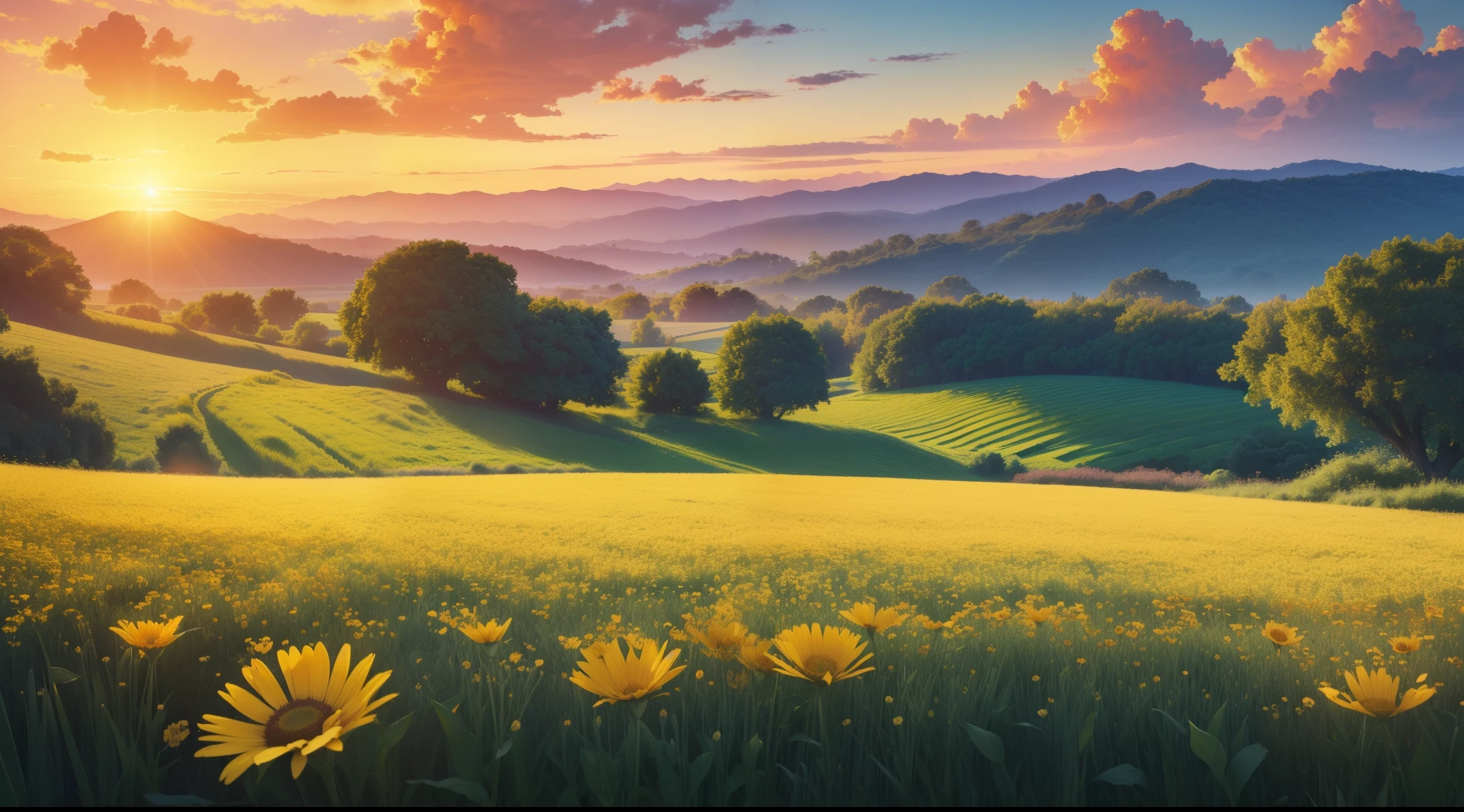 (breathtaking sunset over a lush green field,",serene:1.1"),(,realistic:1.37),(detailed flowers, vibrant grasest quality,4k,8k,highres,masterpiece:1.2),ultra-detailed,(vivid colors,warm hues,natural tones),(soft sunlight, golden hour)