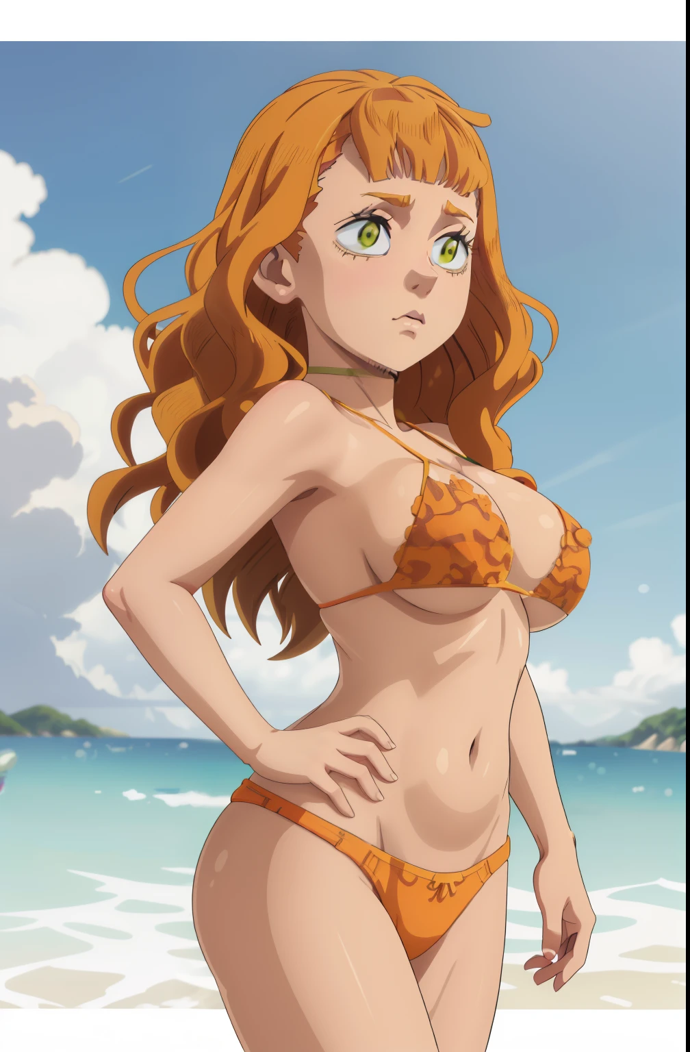 Bikini orange, cheveux roux, anime girl avec de gros seins et gros mamelon qui pointe, séduisante fille d’anime, Ilya Kuvshinov. 4 km, [ Art numérique 4 km ]!!, Style Anime 3D réaliste, Jolie fille d’anime, Artgerme extrêmement détaillé, Oppai, Style anime 4 K, Rendu photo réaliste Anime girl, Anime hyper réaliste, style anime. 8k, Femme sexy, elle rougit, elle veut plaire aux hommes