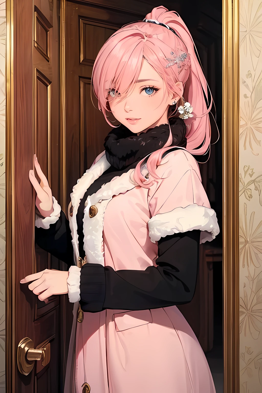 (masterpiece), (best quality), 1female standing, (long_ponytail pink color hair), (hair over one eye:1.21), door with hanging wreath ornament on the background, wearing winter outfit, detailed beautiful eyes, detailed gorgeous face, perfect anatomy, perfect shading, dramatic lighting, highly detailed, intricate details, wallpaper, PIXIV, krenzcushart,