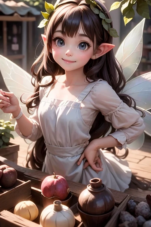 masterpiece, best auqlity, a cute ((fairy)) smiling shopping at a market, (pointy ears), (leafy) dress dress, fairy village, Cinematic Light, Ray tracing, Depth of field, light source contrast,