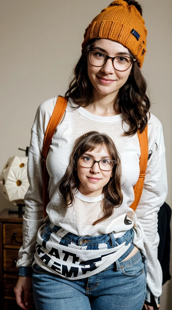 arafed woman with glasses and a knitted orange hat, rebecca sugar, taken in the early 2020s, valentina remenar, with a weird hat, elizabeth saltzman-valentina remenar-nora ephron-stephanie beatriz-carrie fisher-sally hawkins merged, entire body visible, very nerdy, geek, tomboy, rough looking face, very ugly face, not sexy, not attractive, not pretty, frumpy body, frumpy appearance, homely, poor posture, saggy breasts, pale skin, disheveled brown curly hair, nerdy smile, smiles like napoleon dynamite, small beady eyes, thick nerdy glasses, wearing high waisted jeans and a colorful vertical striped baggy tshirt, slightly chubby belly, out of shape, acne on her face