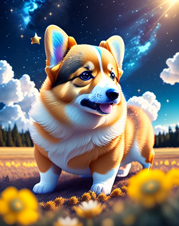 Cute Welsh Corgi, clouds, blue, black, gold, 4k resolution, masterpiece, forest background, playing in the wind, raytracing, soft glow, cosmos, stars