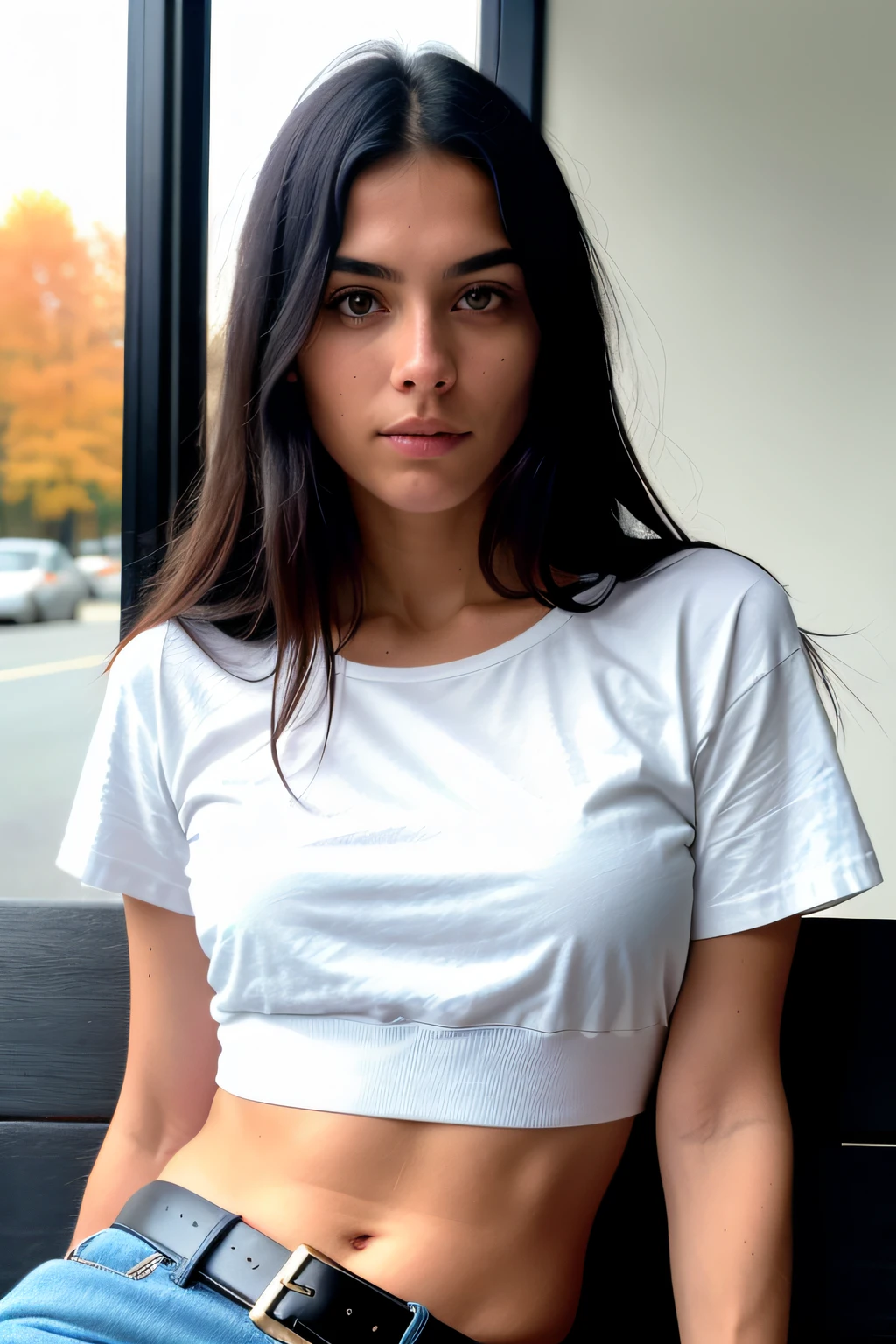 (Charlie d'amelio) long straight black hair, wearing a white t-shirt without print, wearing leather belt, front view (sitting on a bench in autumn), very detailed, 25 years, natural wave hair, blue eyes, high-res, masterpiece, best quality, intricate details, highly detailed, sharp focus, detailed skin, black skin, realistic skin texture, texture, detailed eyes, professional, 4k, Canon shooting, 85mm, shallow depth of field, Kodak color vision, perfect fit body, extremely detailed, photo_\(ultra\), photo realistic, realistic, post-processing, maximum detail, roughness, real life, ultra realistic, photorealism, photography, 8k uhd, photography (grain of film) medium shot for closeup shot atmospheric dark lighting