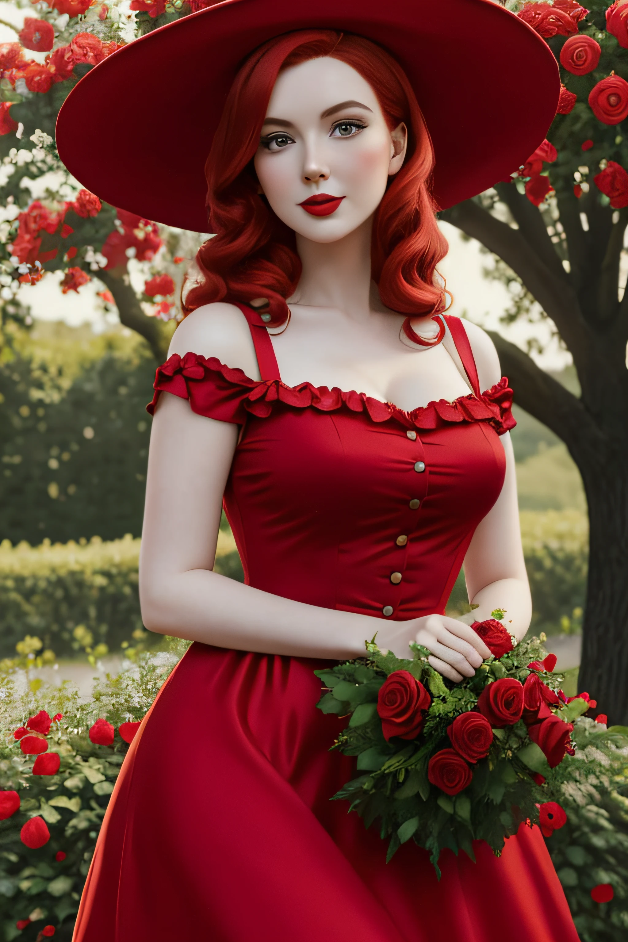 usando um vestido vermelho《one piece》A imperatriz feminino ((milha Jovovich) (27 anos) com vestido vermelho Escuro, The skirt is long to the floor and I wear a hat), Boyahan Cook is surrounded by roses, em um mundo de sonho vermelho, em fundo vermelho, cores vermelhas ricas, cores vermelhas vibrantes, Extremamente colorido,tonalidade vermelha, humor vermelho no fundo, red petals falling, Muito vermelho, Mulher De Vestido Vermelho, corpo quente,cor vermelha, cor vermelha, Atmosfera Vermelha, tema vermelho, linda linda arte digital, tonalidade vermelha.