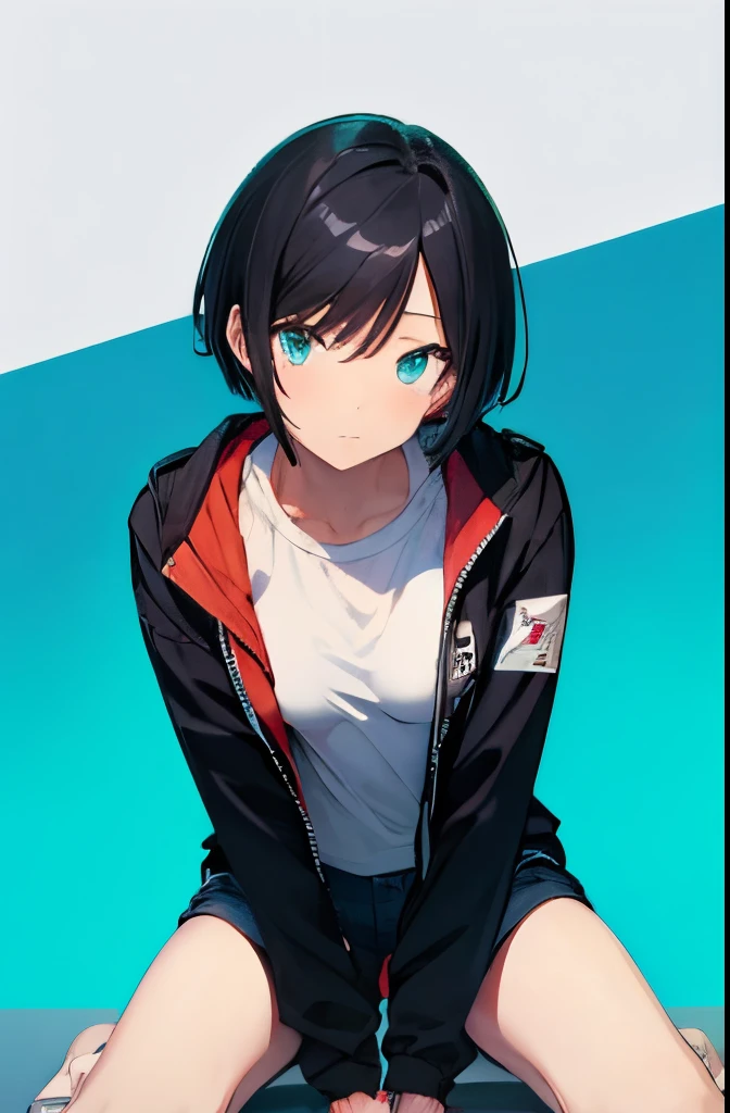 (masutepiece:1.2, Best Quality),  [1 girl in, expressioness, Turquoise eyes, jet-black hair, half short cut hair, Jacket comes off, leaning forward hands on knees ,Upper body]