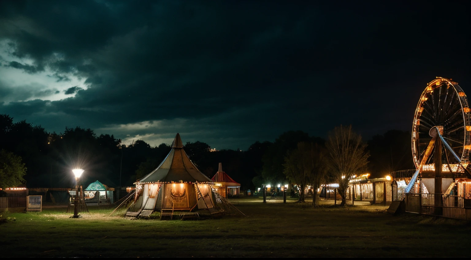 abandoned fair ground, nighttime, funhouse, roller coaster, merry-go-round, Ferris wheel, tents, big top, broken circus lights, dark cloudy sky, creepy, muted color, trash, decay, forest background