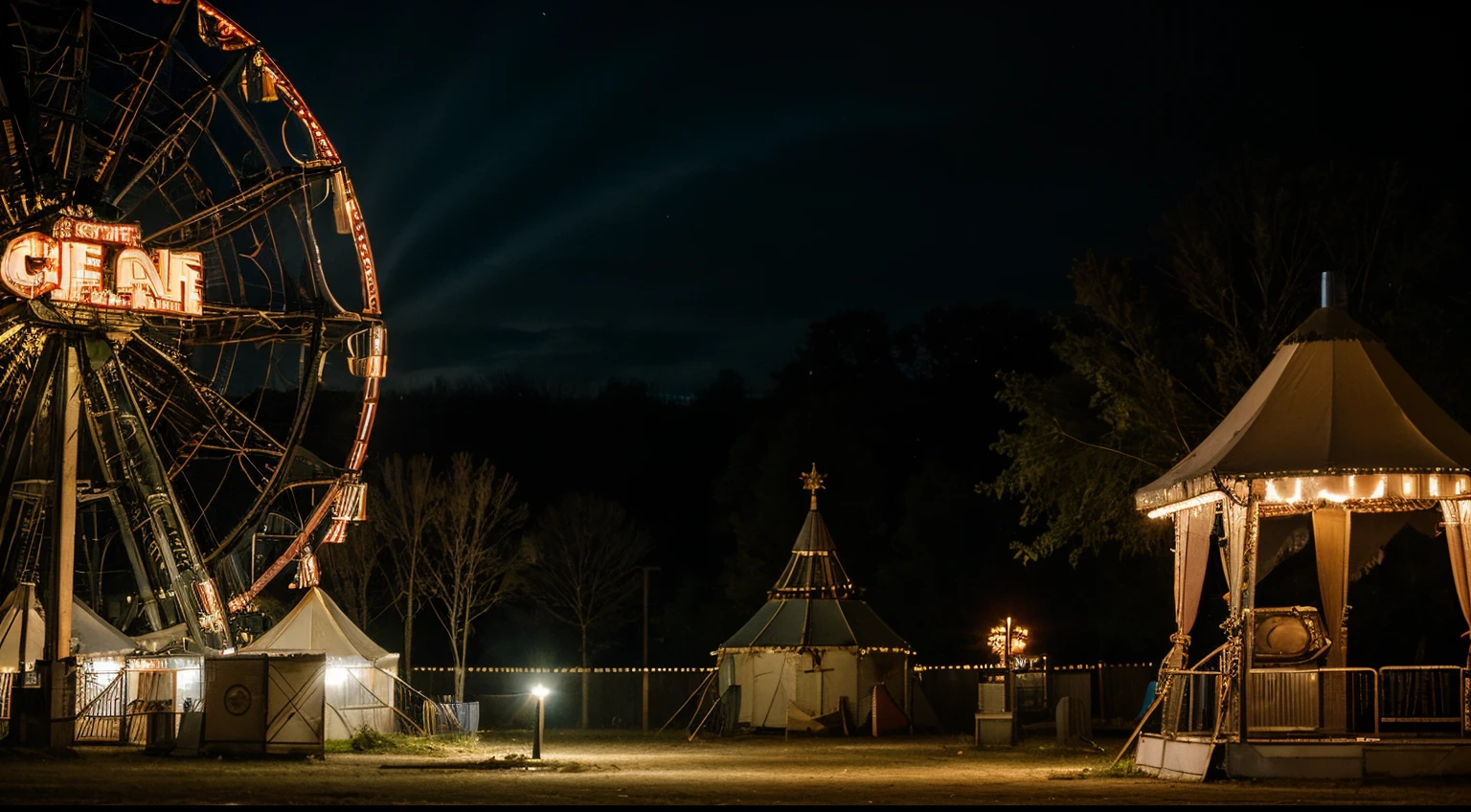 abandoned fair ground, nighttime, funhouse, roller coaster, merry-go-round, Ferris wheel, tents, big top, broken circus lights, dark cloudy sky, creepy, muted color, trash, decay, forest background