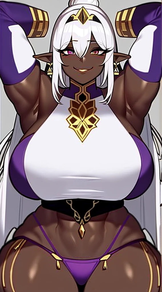 Thick muscular ebony skinned elf woman, mom type, white dreadlocks, dressed in sexy bdsm gear with a white fur lined cape. elf queen with crown from back view, detached sleeves, pointy ears, elbow gloves, dark skin, armpits, hair over one eye, arms up,( dark-skinned female:1.2), YELLOW eyes, white headwear, dark elf, arms behind head, highleg panties, purple gloves, multiple earrings, purple sleeves,smirk,
