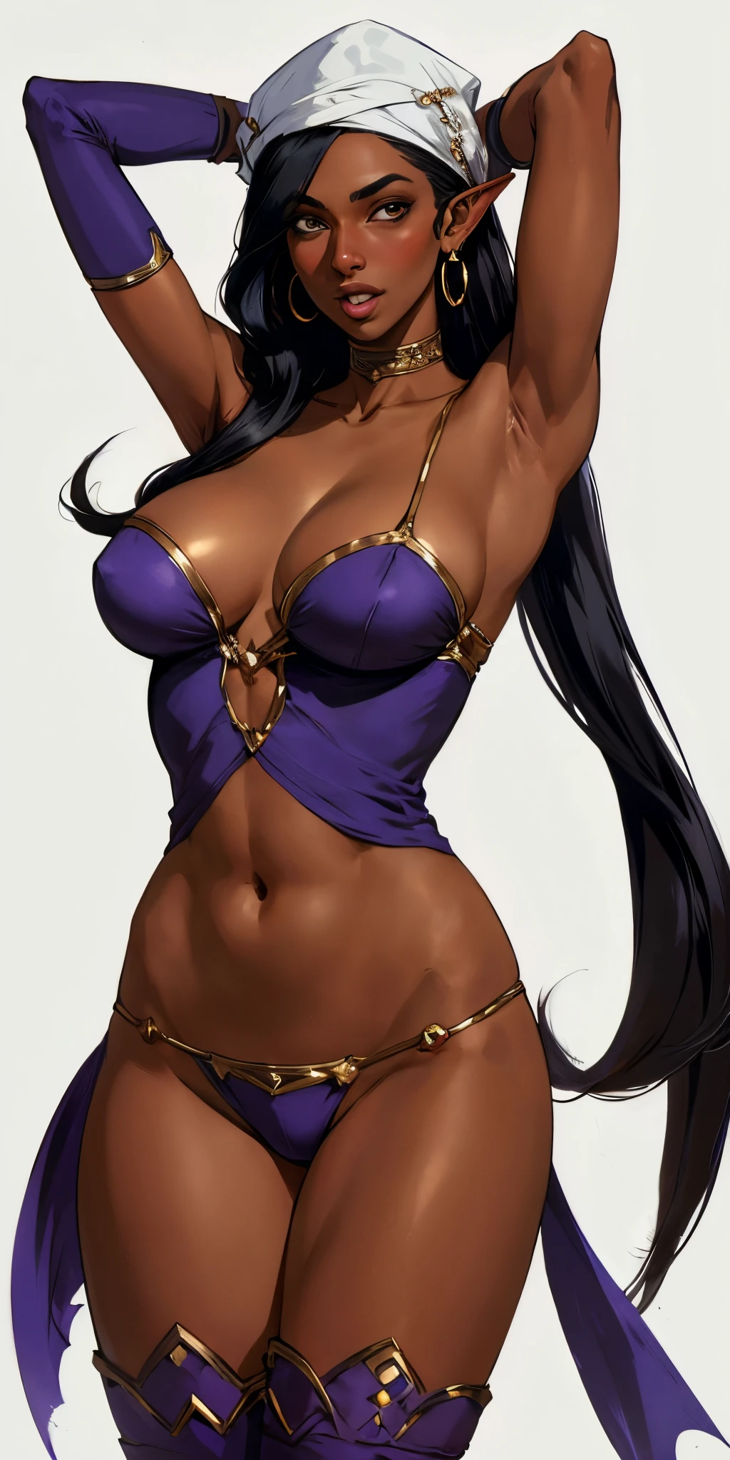 white background, revealing clothes, headwear, 1girl, solo, long hair, breasts, looking at viewer, blush, open mouth, black hair, purple thighhighs, hat, navel, cleavage, bare shoulders, jewelry, thong, collarbone, cowboy shot, earrings, parted lips, detached sleeves, pointy ears, elbow gloves, dark skin, armpits, hair over one eye, arms up,( dark-skinned female:1.2), big eyes, white headwear, dark elf, arms behind head, brown shoes, highleg panties, purple gloves, multiple earrings, purple sleeves,smirk,
