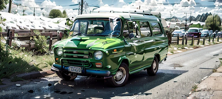 there a green and white truck parked on the side of the road, kama russian electrocar, lada, the ugliest car in the world, microbus, 1972 soviet, moskvich, russian lada car, green pickup car, kombi, lada car, vehicle, front side, 1968 soviet, truck, front profile