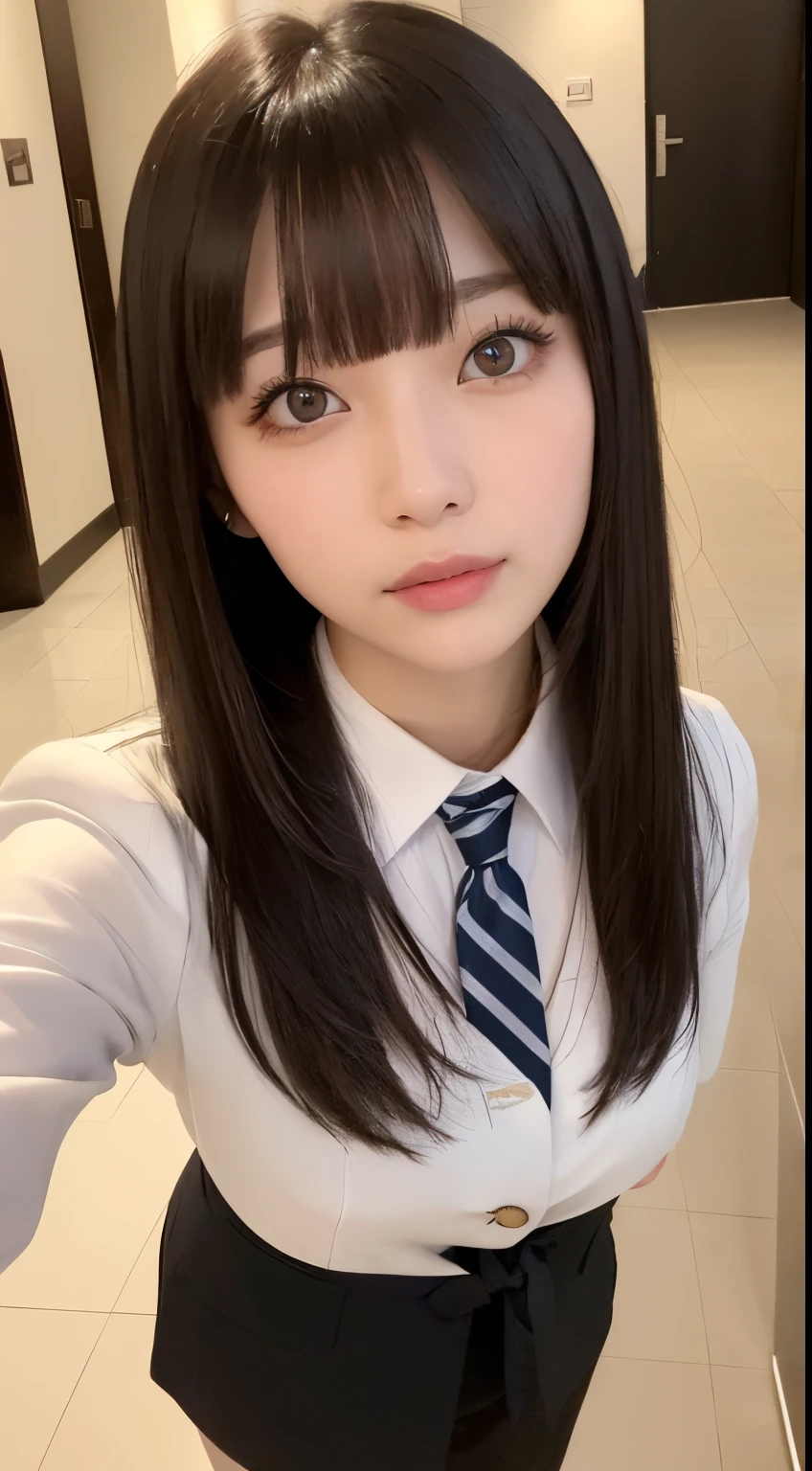 ((top-quality、8K、masterpiece:1.5))、One girl、(Unhealthy face)、(Letter to)、Blunt bangs、(Lots of bangs:1.4)、(full body Esbian:1.4)、(Symmetrical face)、hyperdetailed face、Ultra detailed mouth、A detailed eye、Detailed ears、Slim Faces、(selfee:1.4)、(Looking Up)、(From above)、(Straight long hair、Ahoge:1.3)、(Upper Eyes)、the background is blurred、(Business suits、neck tie:1.3)、lipgloss、(hotel entrance)、(natural soft light:1.3)、