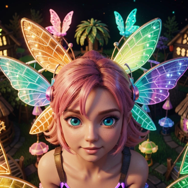 Main subject:A close up of a bunch flying fairies, in a Fairy Village. Details: Cute colorful, digital painting, cute detailed digital art, hyper colorful, neon coloring, cute digital art, beeple colors, colorful hd picure, beeple and jeremiah ketner, glowing lights! digital painting, cute 3 d render