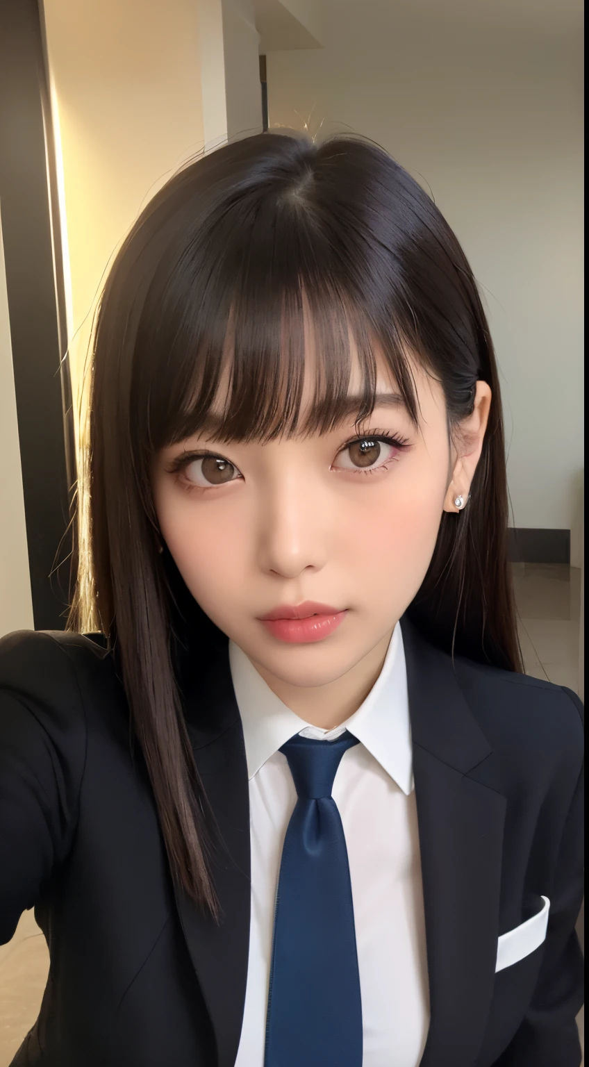 ((top-quality、8K、masterpiece:1.5))、One girl、(Unhealthy face)、(Letter to)、Blunt bangs、(Lots of bangs:1.4)、(full body Esbian:1.4)、(Symmetrical face)、hyperdetailed face、Ultra detailed mouth、A detailed eye、Detailed ears、Slim Faces、(selfee:1.4)、(Looking Up)、(From above)、(Straight long hair、Ahoge:1.3)、(Upper Eyes)、the background is blurred、(Business suits、neck tie:1.3)、lipgloss、(hotel entrance)、(natural soft light:1.3)、