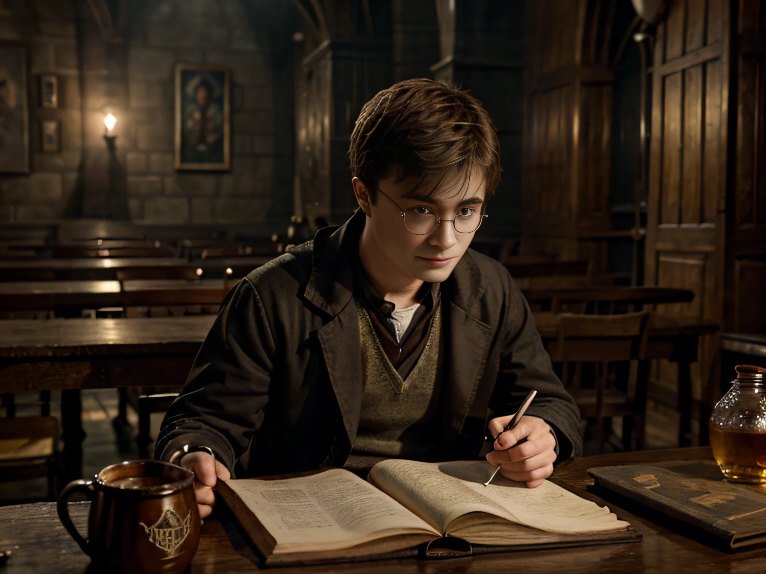 Daniel Radcliffe, In ordinary clothes, brews potions, art realistic high quality, Hogwarts style, Charismatic character