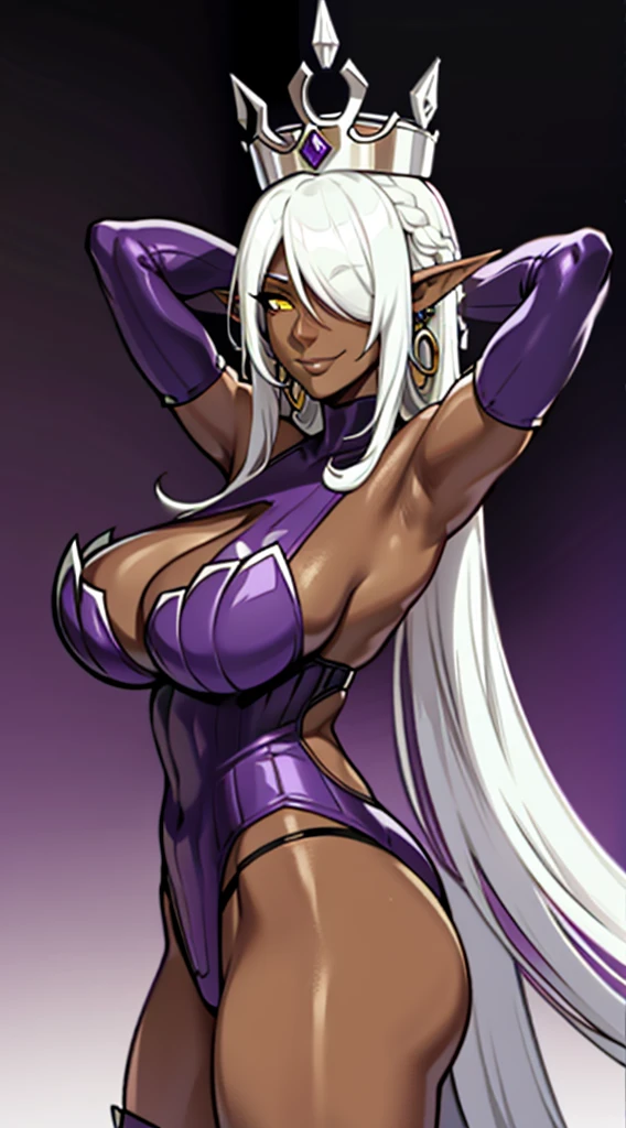 Thick muscular ebony skinned elf woman, mom type, white dreadlocks, dressed in sexy bdsm gear with a white fur lined cape. elf queen with crown from back view, detached sleeves, pointy ears, elbow gloves, dark skin, armpits, hair over one eye, arms up,( dark-skinned female:1.2), YELLOW eyes, white headwear, dark elf, arms behind head, highleg panties, purple gloves, multiple earrings, purple sleeves,smirk,