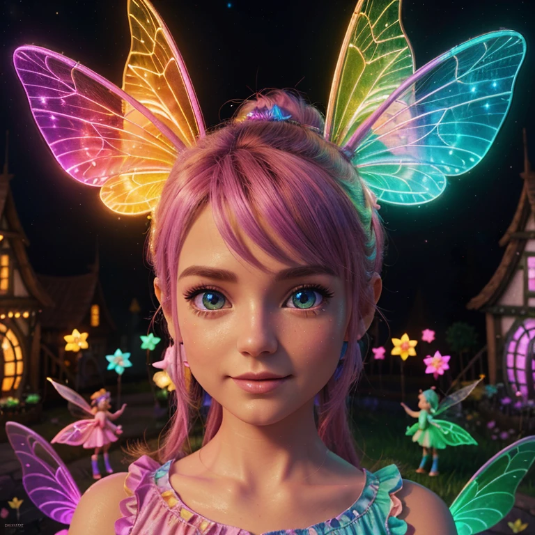 Main subject:A close up of a bunch flying fairies, in a Fairy Village. Details: Cute colorful, digital painting, cute detailed digital art, hyper colorful, neon coloring, cute digital art, beeple colors, colorful hd picure, beeple and jeremiah ketner, glowing lights! digital painting, cute 3 d render