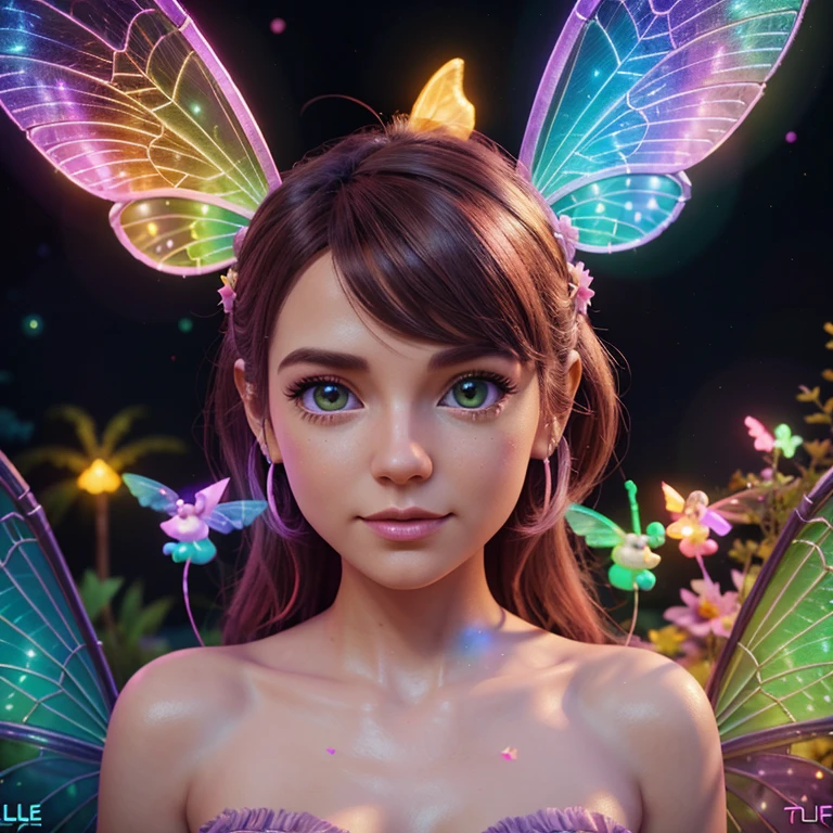 Main subject:A close up of a bunch flying fairies, in a Fairy Village. Details: Cute colorful, digital painting, cute detailed digital art, hyper colorful, neon coloring, cute digital art, beeple colors, colorful hd picure, beeple and jeremiah ketner, glowing lights! digital painting, cute 3 d render