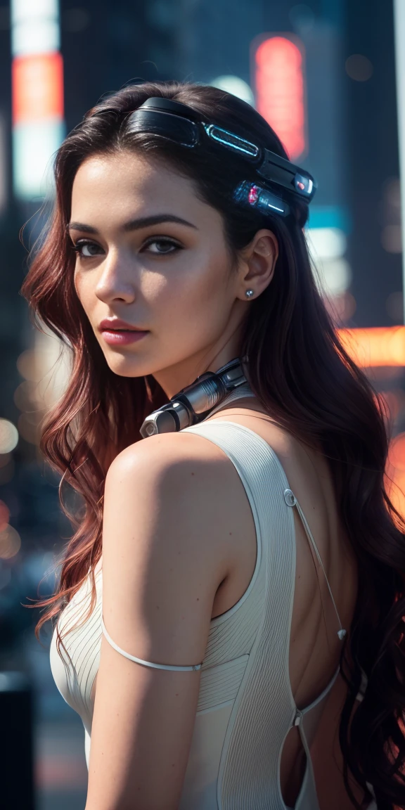 Full face portrait photo of a 25-year-old European girl, RAW, beautiful woman, semi-open strawberry lips, dimples, wistful look, (extra long wavy brown hair), ((detailed face)), ((detailed facial featureinely detailed skin), pale skin, (deep neckline detailed high-tech cyberpunk dress), cyberpunk megacity environment, (cool colors), damp, damp, reflectionasterpiece) (perfect proportion)(realistic photo)(best quality) (detailed) shot on a Canon EOS R5, 50mm lens, F/2.8, HDR, (8k) (wallpaper) (cinematic lighting) (dramatic lighting) (sharp focus) (intricate),RAW photo, gigachad photo, posing for camera, 8k uhd, dslr, high quality, grain film, Fujifilm XT3
