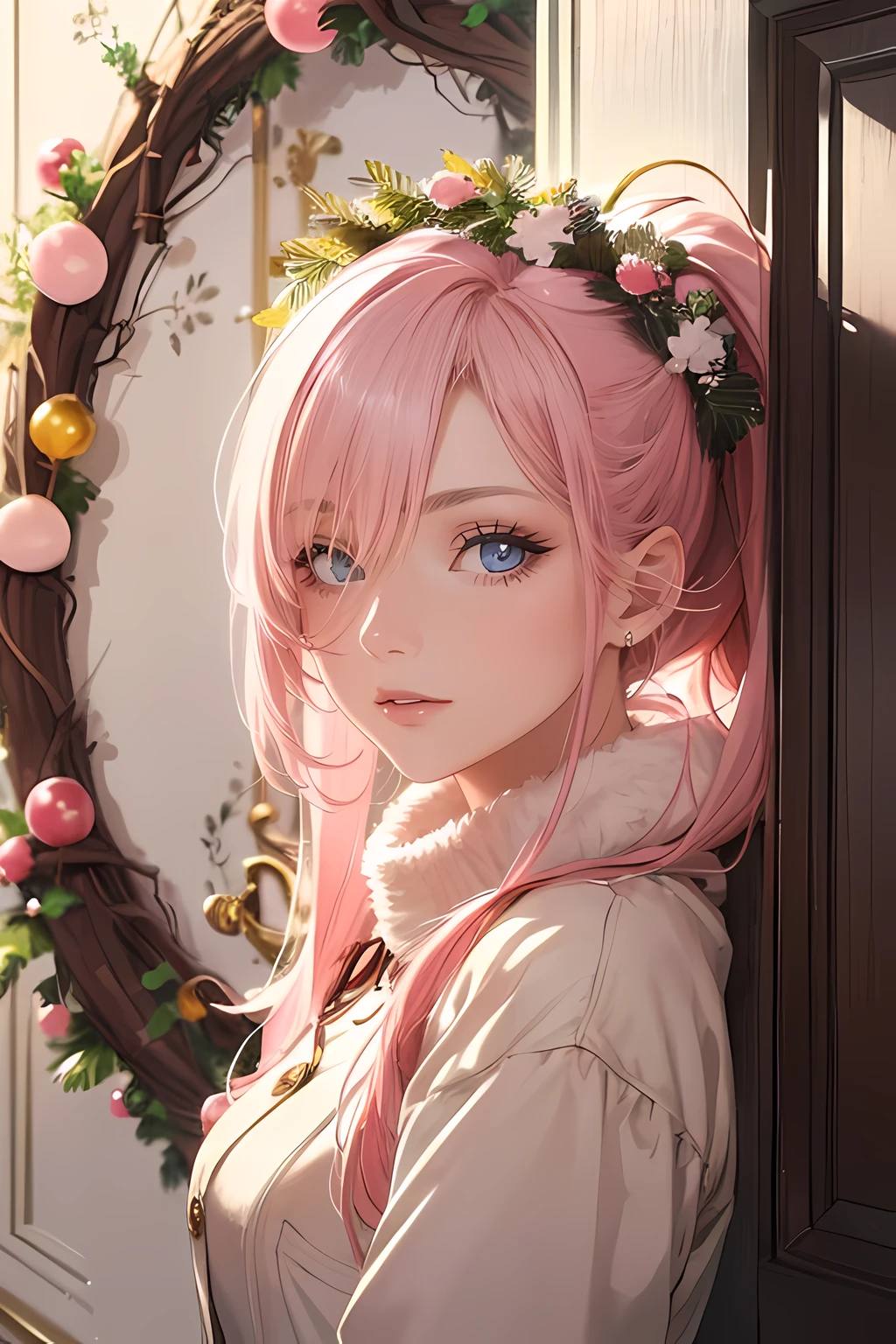 (masterpiece), (best quality), 1female standing, (long_ponytail pink color hair), (hair over one eye:1.21), (door with hanging ((wreath)) ornament on the background), wearing winter outfit, detailed beautiful eyes, detailed gorgeous face, perfect anatomy, perfect shading, dramatic lighting, highly detailed, intricate details, wallpaper, PIXIV, krenzcushart,
