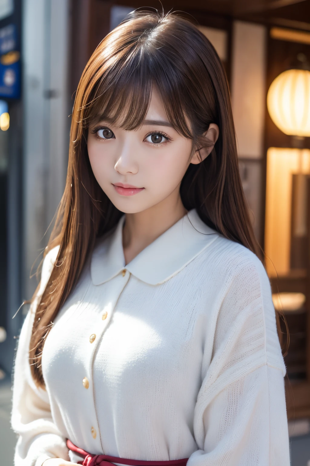 masterpiece、1 beautiful girl、A detailed eye、Puffy eyes、top-quality, 超A high resolution, (Realisticity: 1.4), cinematlic lighting、japanes、Asian Beauty、Korea person、Super beauty、Beautiful skin、body facing forward、up of face、(A hyper-realistic)、(hight resolution)、(8K)、(ighly detailed)、(beautifully detailed eyes)、(ultra-detailliert)、 (wall-)、A detailed face、Bright lighting、profetional lighting、looking at viewert、Facing straight ahead、oblique bangs、nighttime scene、Brown hair、乃木坂アイドル、韓国アイドル、hposing Gravure Idol、、25-years old、