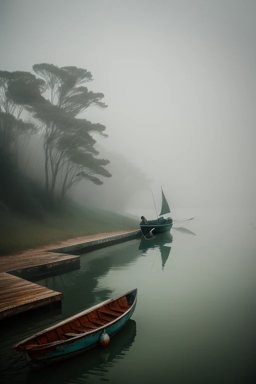 faded colors gray painting, boat on the sea,  dark woman figure on the boat playing violin, creepy, dark foggy weather,