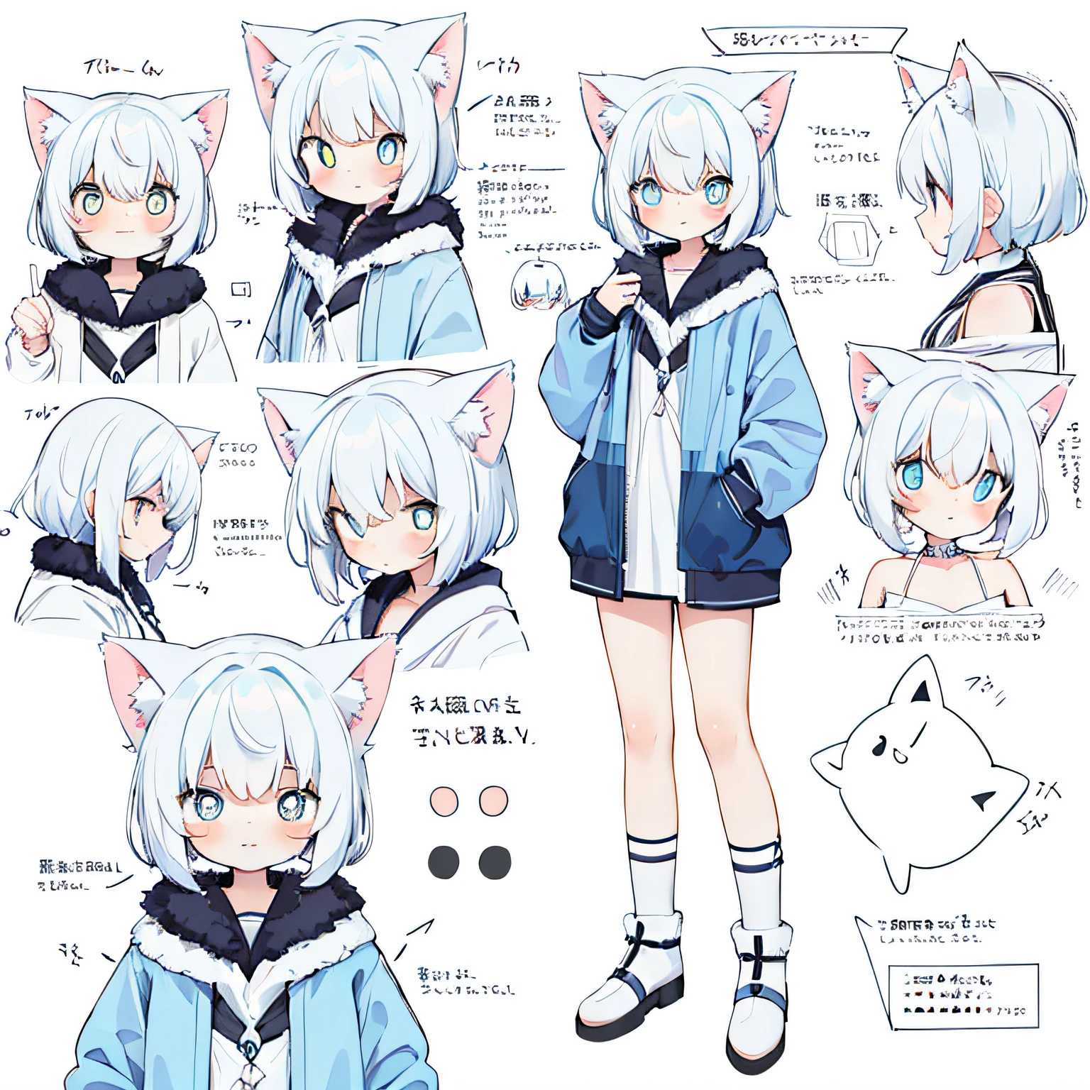 normal plot,delicate finger(detail finger),Very cute Q version girl with cat ears,Hairy Loli with hanging breasts,White hair,Light blue pupils