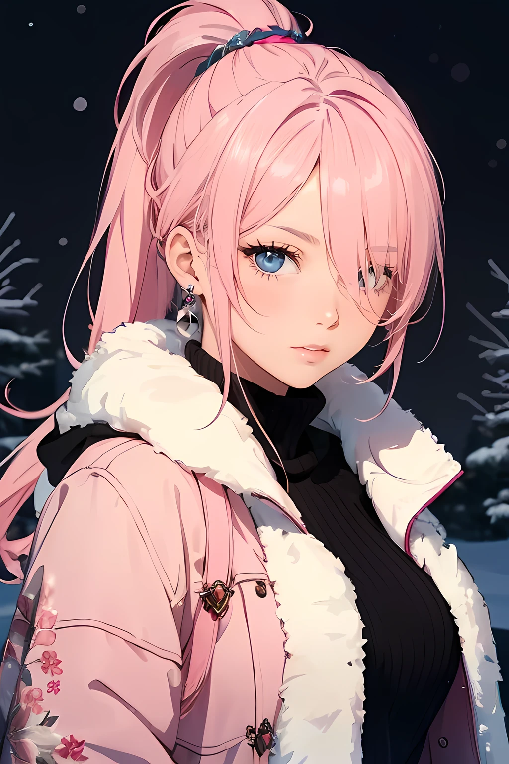 (masterpiece), (best quality), 1female, (long_ponytail pink color hair), (hair over one eye:1.21), wearing winter outfit, winter wonderland background, detailed beautiful eyes, detailed gorgeous face, perfect anatomy, perfect shading, dramatic lighting, highly detailed, intricate details, wallpaper, PIXIV, krenzcushart,