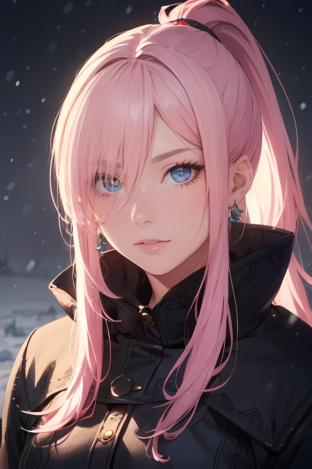 (masterpiece), (best quality), 1female, (long_ponytail pink color hair), (hair over one eye:1.21), wearing winter outfit, winter wonderland background, detailed beautiful eyes, detailed gorgeous face, perfect anatomy, perfect shading, dramatic lighting, highly detailed, intricate details, wallpaper, PIXIV, krenzcushart,