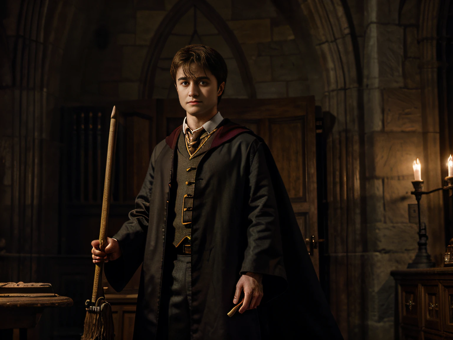 Daniel Radcliffe, in Hogwarts robes, Stands in profile, broom in hand, art realistic high quality, Hogwarts style, Charismatic character