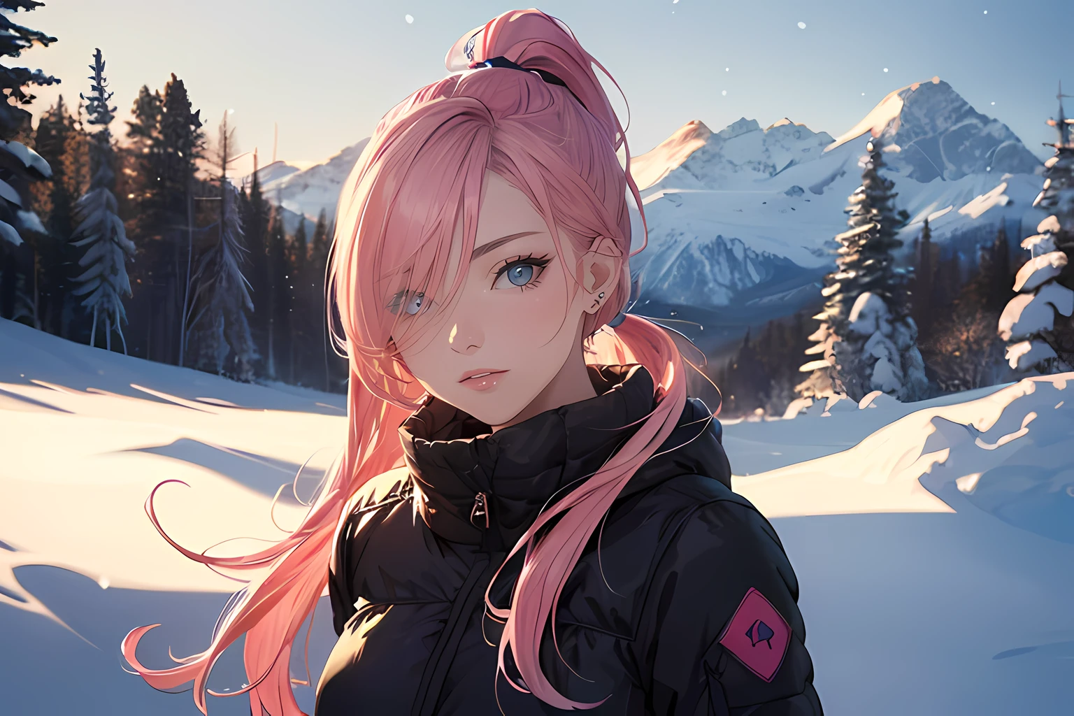(masterpiece), (best quality full body), 1female, (long_ponytail pink color hair), (hair over one eye:1.21), wearing winter outfit, winter wonderland background, detailed beautiful eyes, detailed gorgeous face, perfect anatomy, perfect shading, dramatic lighting, highly detailed, intricate details, wallpaper, PIXIV, krenzcushart,