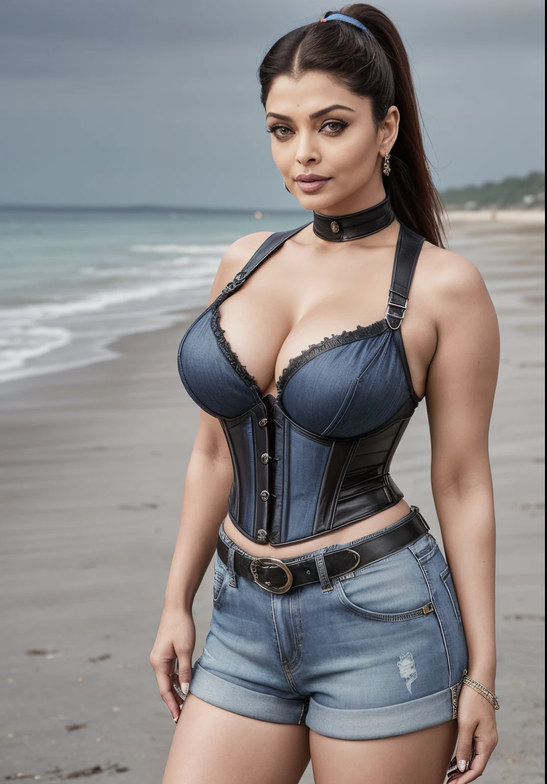 50 year old mature MILF Aishwarya Rai Bachchan, denim micro shorts and leather corset, high boots, deep cleavage show, ((high ponytail hair)), curvaceous milf body, hourglass milf figure, ((perfect breasts)), posing in beach, hands above head, sunny day scene, soft volumetric lights, intricate details, (ArtStation:1.2)