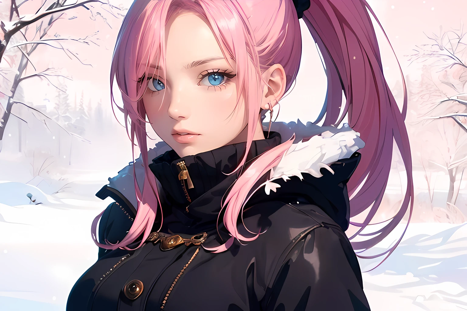 (masterpiece), (best quality full body), 1female, (long_ponytail pink color hair), (hair over one eye:1.21), wearing winter outfit, winter wonderland background, detailed beautiful eyes, detailed gorgeous face, perfect anatomy, perfect shading, dramatic lighting, highly detailed, intricate details, wallpaper, PIXIV, krenzcushart,