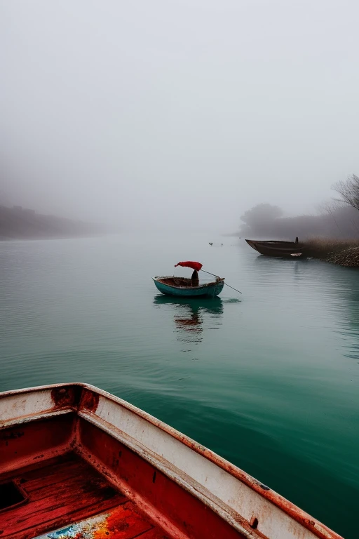 faded colors gray painting, boat on the sea, woman figure on the boat  far away drinking wine, creepy scene, dark foggy weather, sun on the backround, late evening, river is red, seagulls
