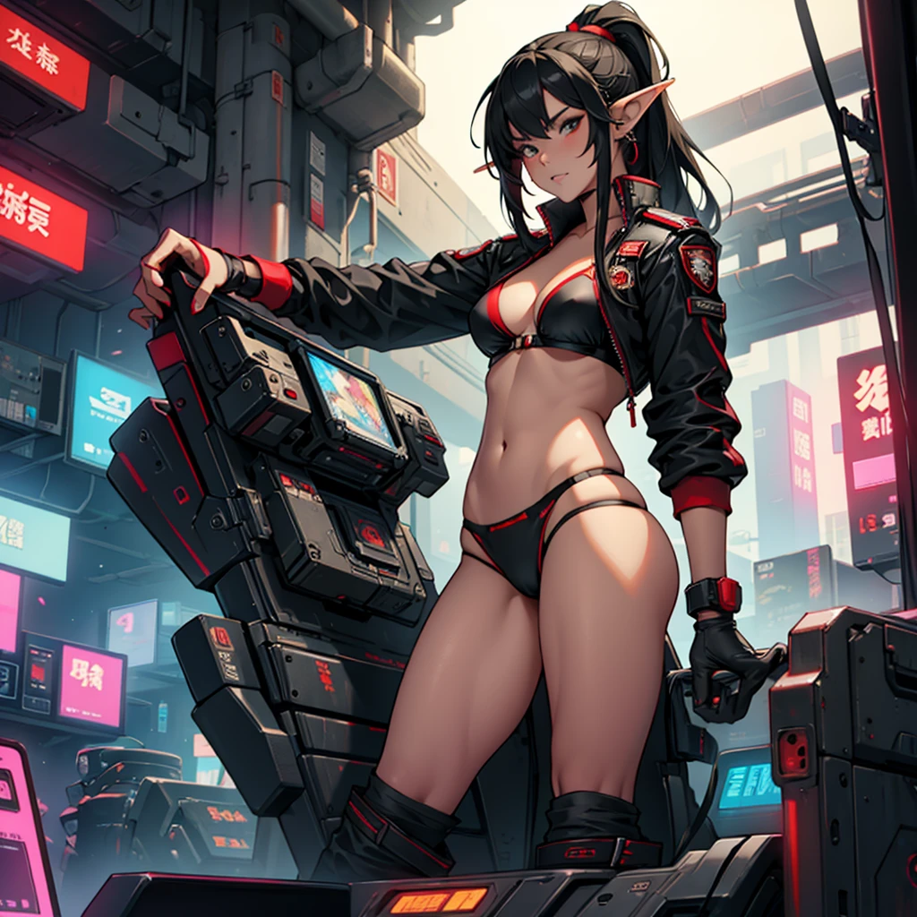 spaceship cockpit Erotic Asian Cyberpunk elf girl in black and red bikini uniform