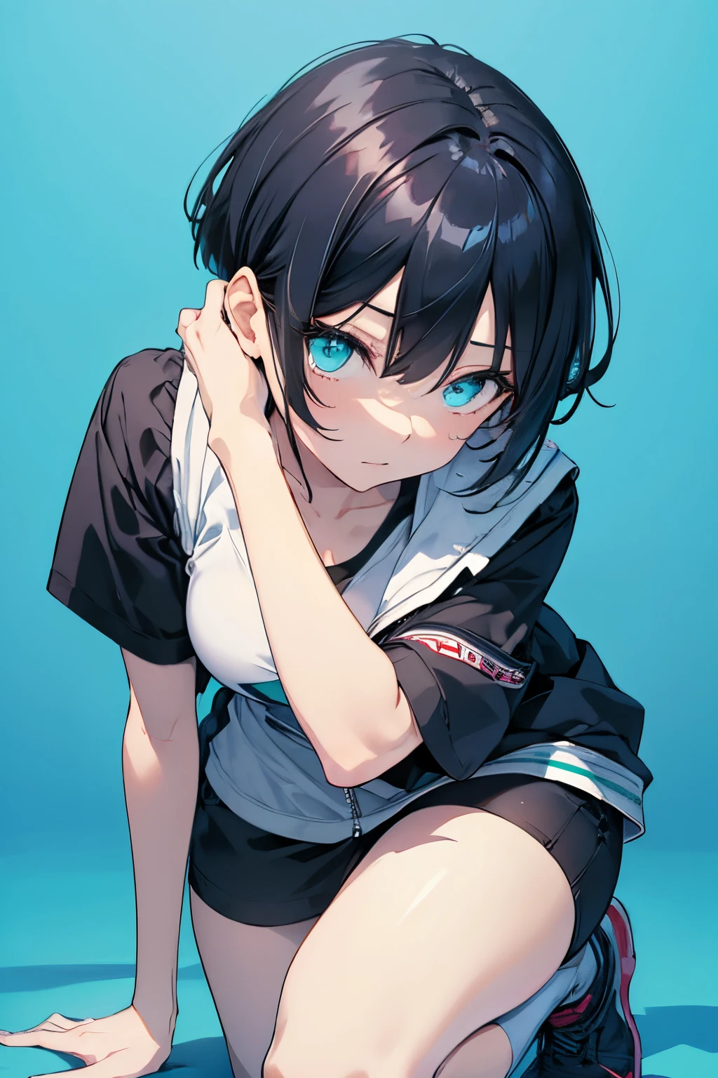 (masutepiece:1.2, Best Quality),  [1 girl in, expressioness, Turquoise eyes, jet-black hair, half short cut hair,White Jacket comes off, leaning forward hands on knees ,Upper body]